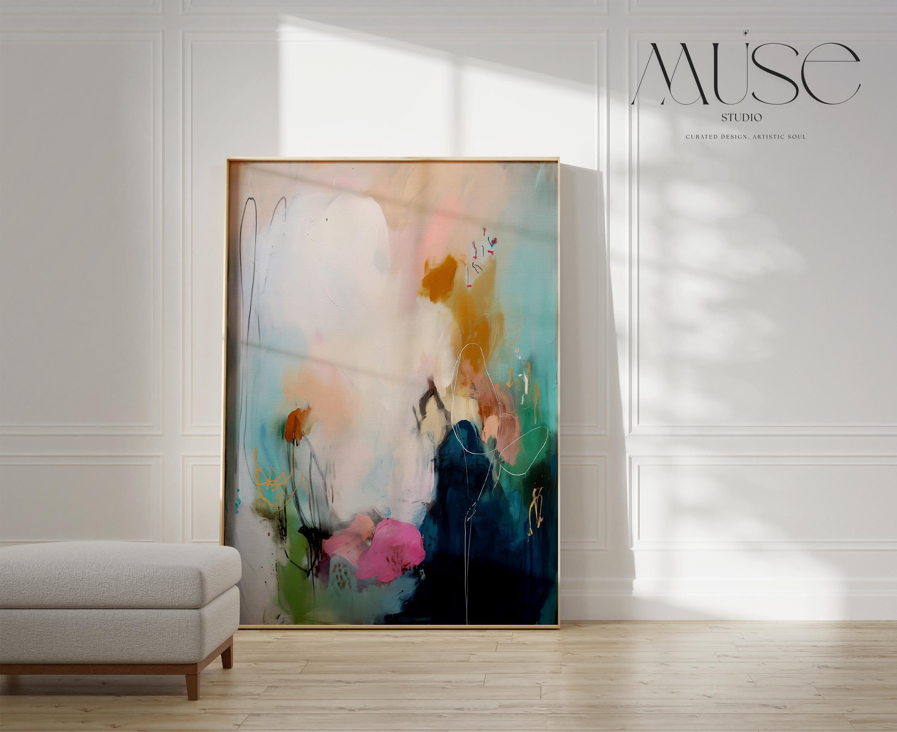 Fine art giclée print of an abstract painting in deep navy, soft pink, and golden ochre, featuring flowing textures and moody transitions. Printed on archival-quality paper or rolled canvas for framing. Ideal for transitional bedrooms, softly styled entryways, or curated wall decor. Available as a fine art poster or canvas wall art for curated, color-forward decor.