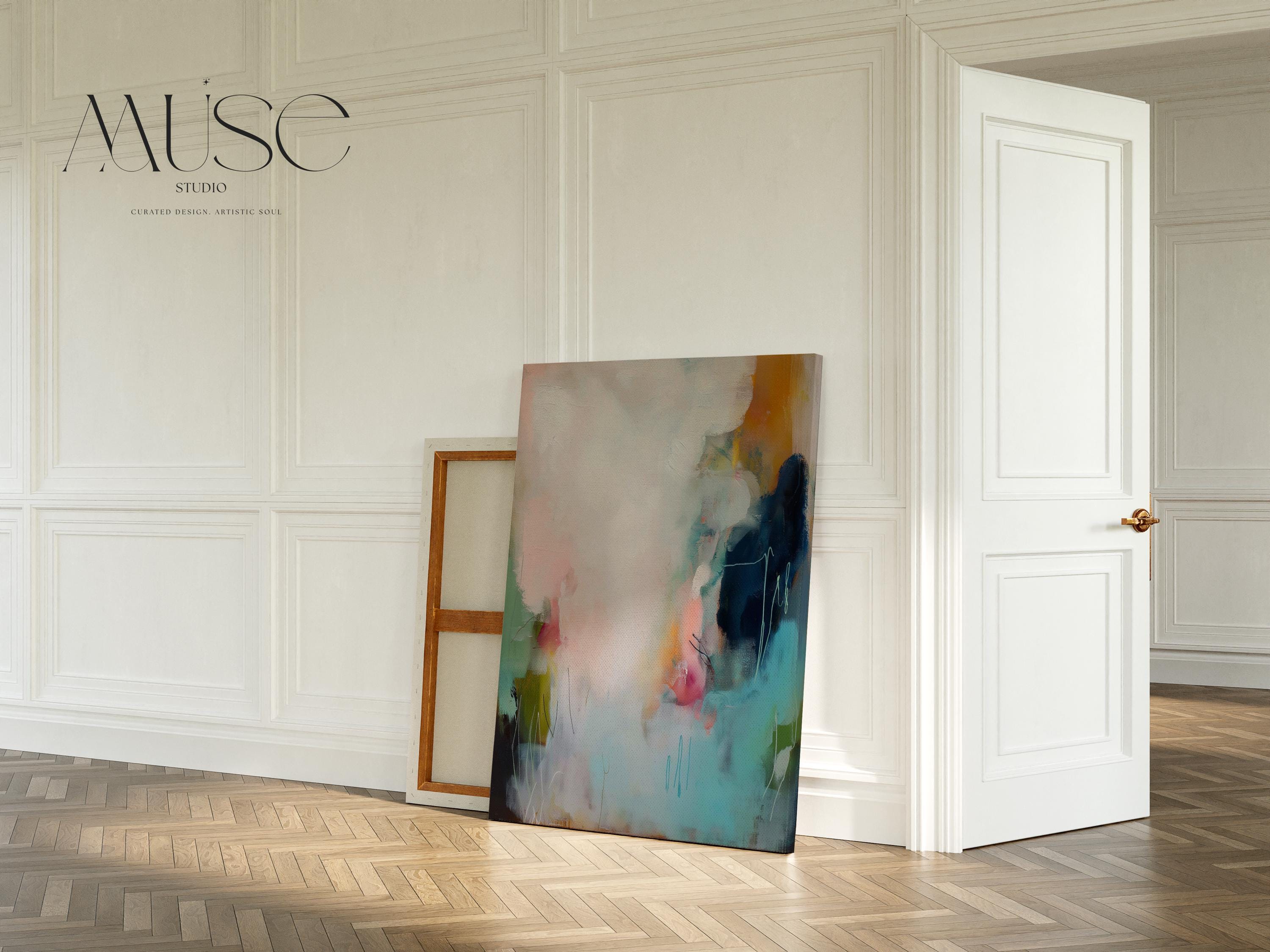 Vertical abstract wall art in soft muted tones of blush pink, teal, and navy, with gentle brushwork and atmospheric movement. A serene giclée print or canvas ideal for bedrooms, offices, or minimalist interiors. Available as a fine art poster or canvas wall art for curated, color-forward decor.