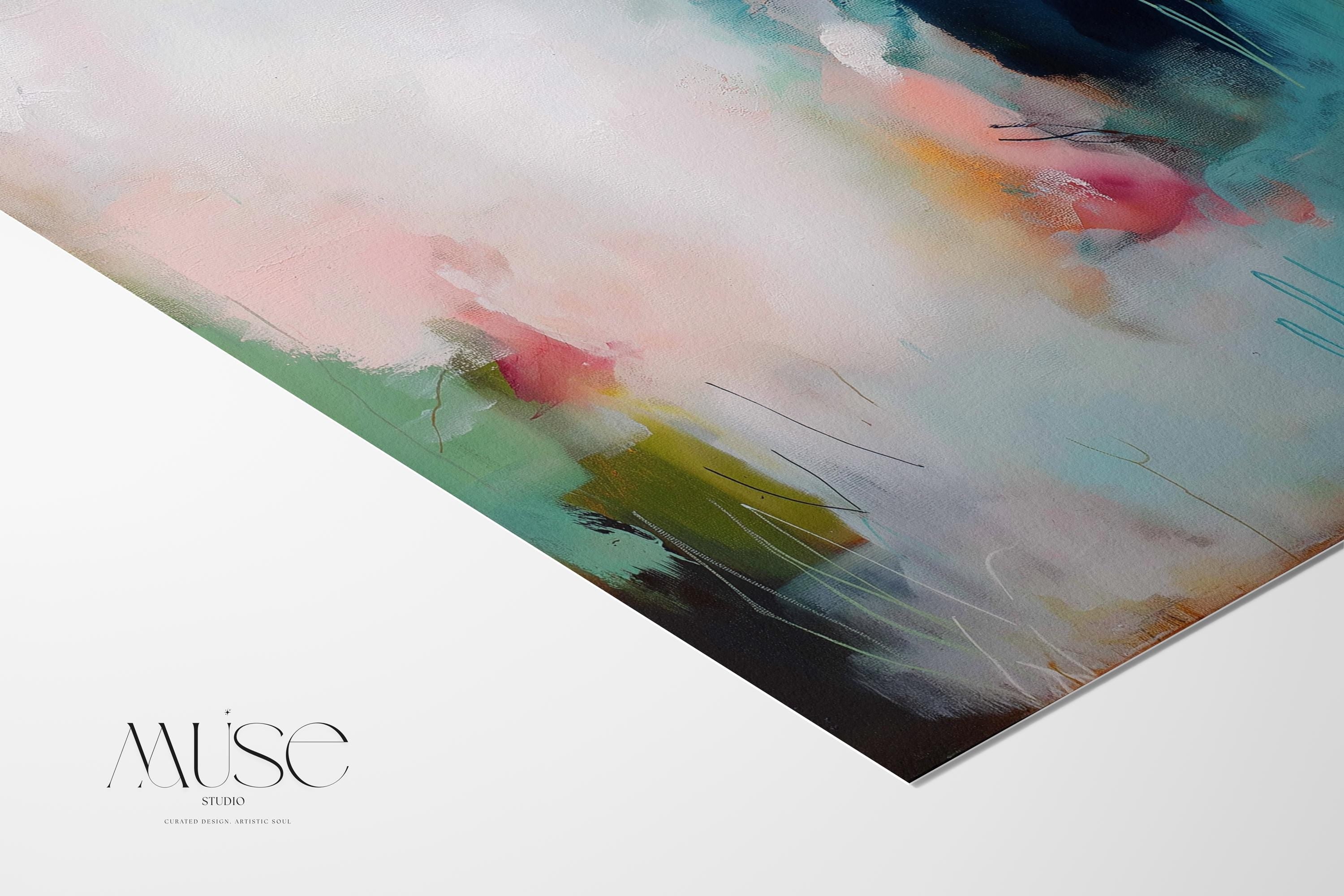 Vertical abstract wall art in soft muted tones of blush pink, teal, and navy, with gentle brushwork and atmospheric movement. A serene giclée print or canvas ideal for bedrooms, offices, or minimalist interiors. Available as a fine art poster or canvas wall art for curated, color-forward decor.