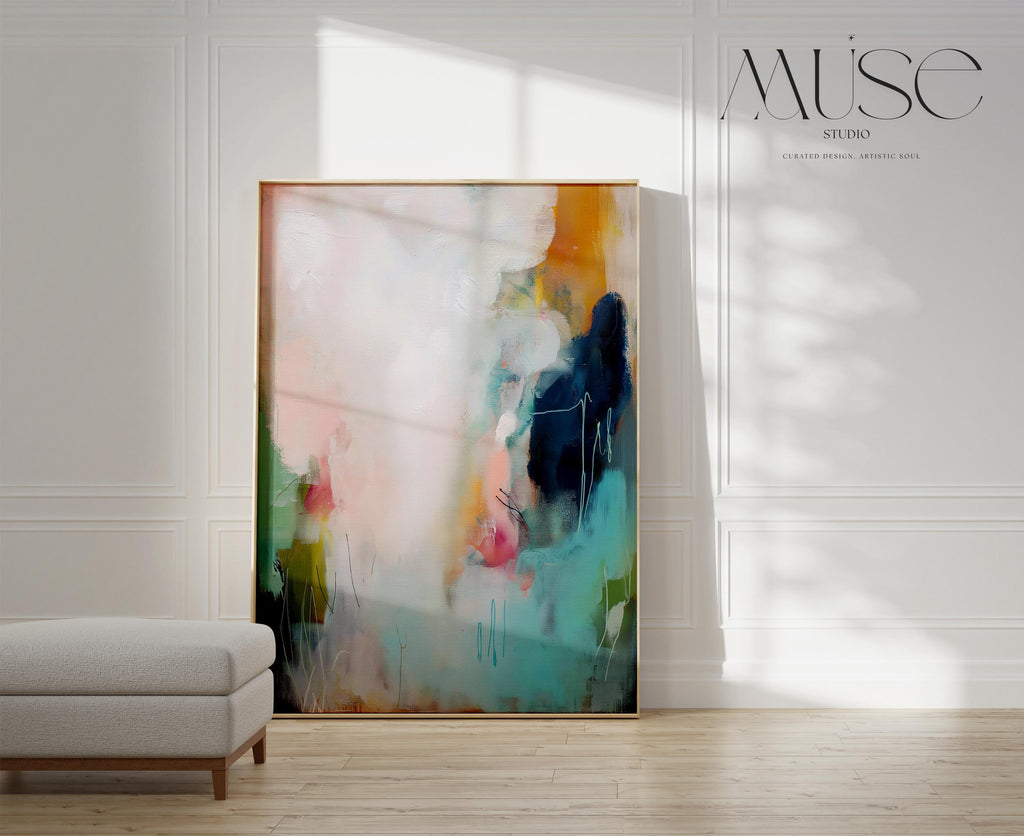 Vertical abstract wall art in soft muted tones of blush pink, teal, and navy, with gentle brushwork and atmospheric movement. A serene giclée print or canvas ideal for bedrooms, offices, or minimalist interiors. Available as a fine art poster or canvas wall art for curated, color-forward decor.