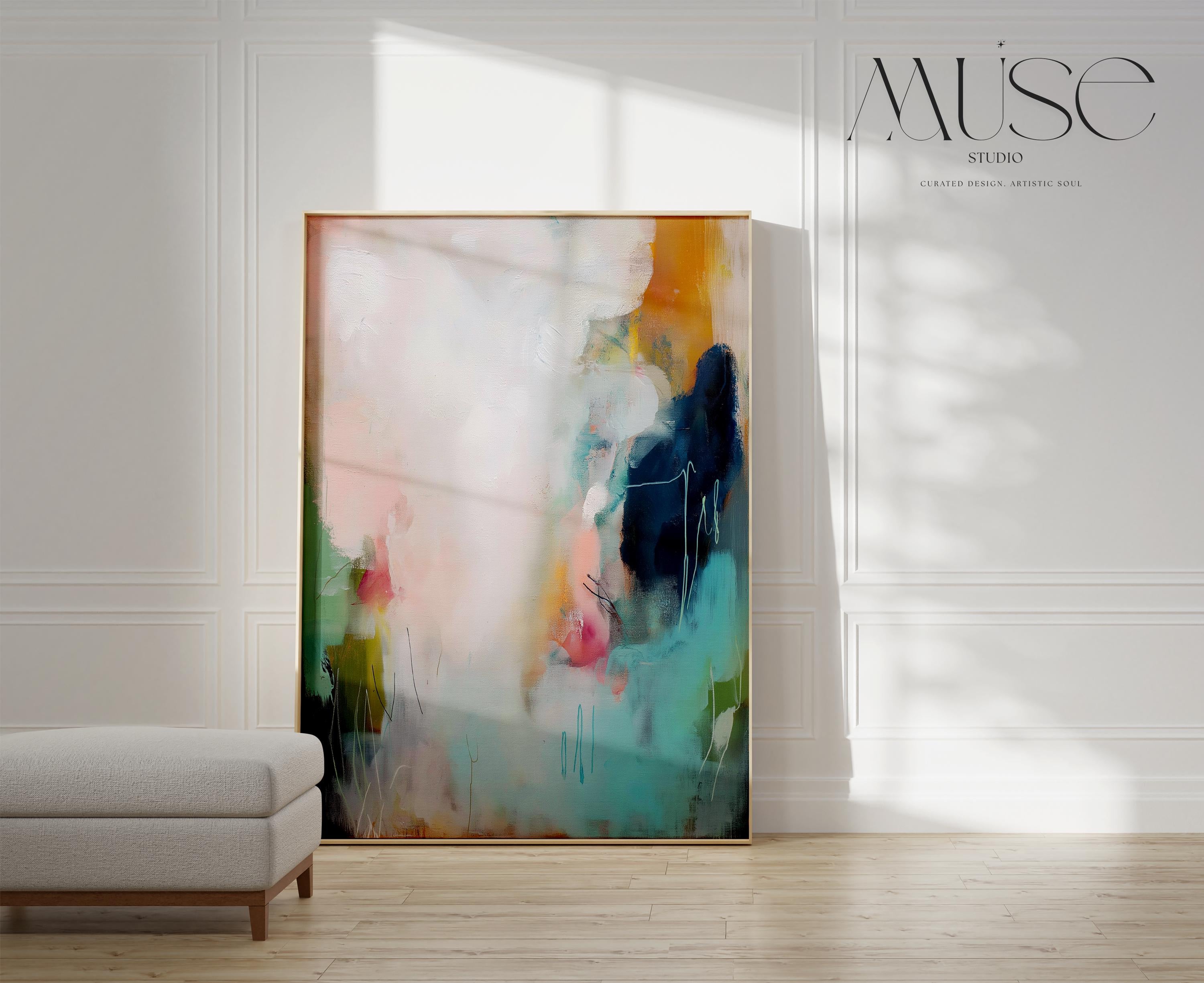 Vertical abstract wall art in soft muted tones of blush pink, teal, and navy, with gentle brushwork and atmospheric movement. A serene giclée print or canvas ideal for bedrooms, offices, or minimalist interiors. Available as a fine art poster or canvas wall art for curated, color-forward decor.
