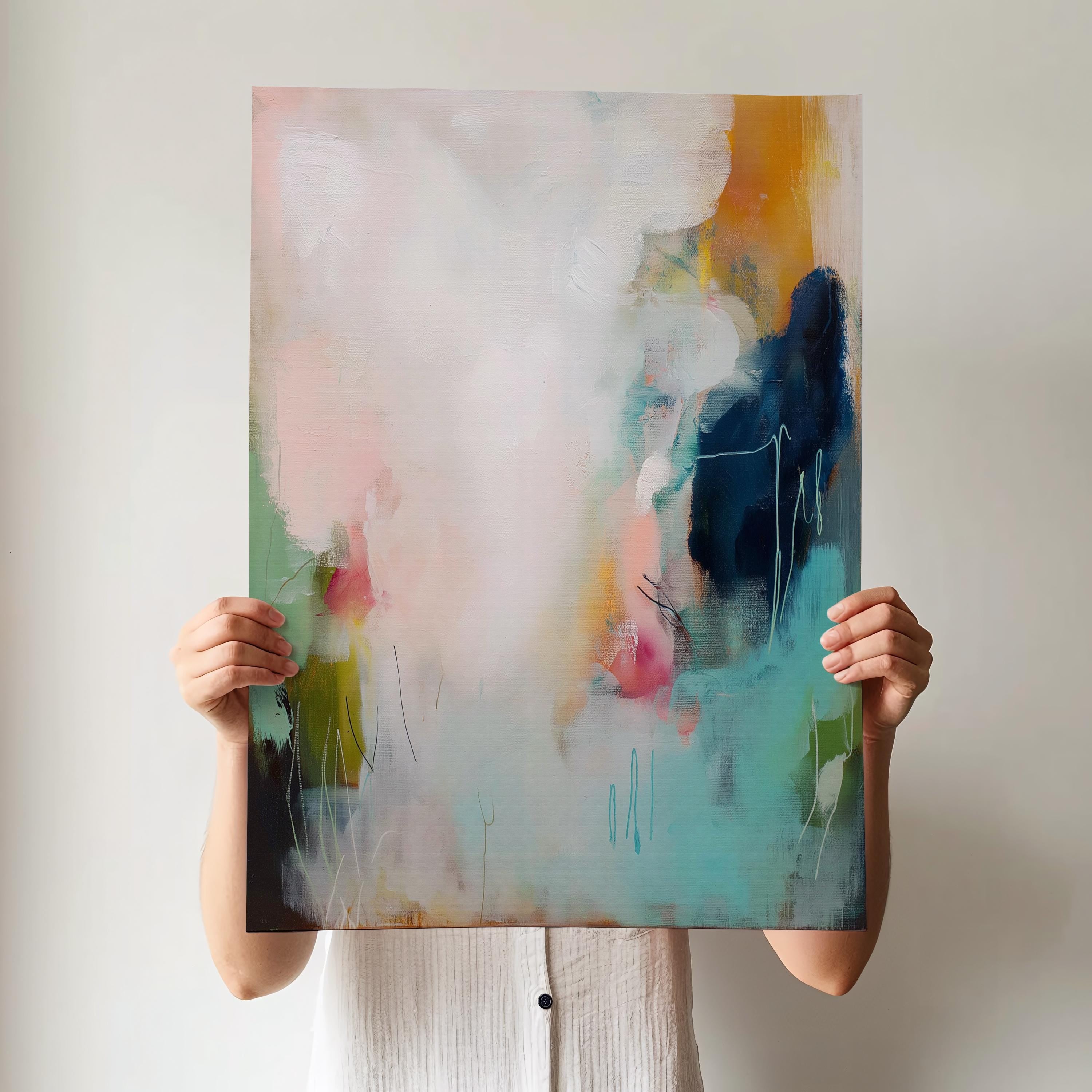 Vertical abstract wall art in soft muted tones of blush pink, teal, and navy, with gentle brushwork and atmospheric movement. A serene giclée print or canvas ideal for bedrooms, offices, or minimalist interiors. Available as a fine art poster or canvas wall art for curated, color-forward decor.