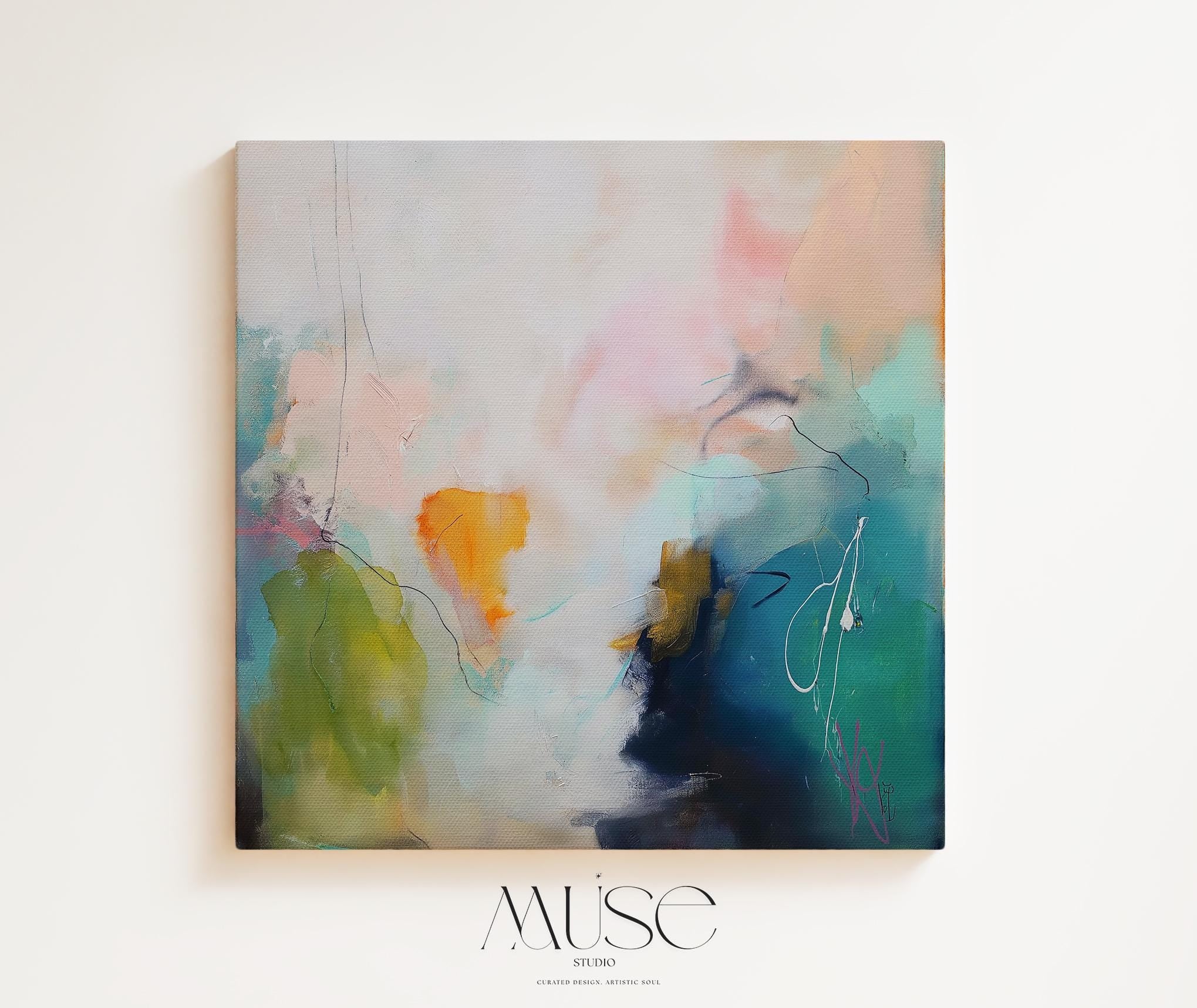 Square abstract poster print with a soft palette of blush pink, teal, olive green, and golden citrus. A gentle giclée composition perfect for muted modern bedrooms, transitional living spaces, or calm home offices. Printed on archival fine art paper. Available as a fine art poster for curated, color-forward decor.