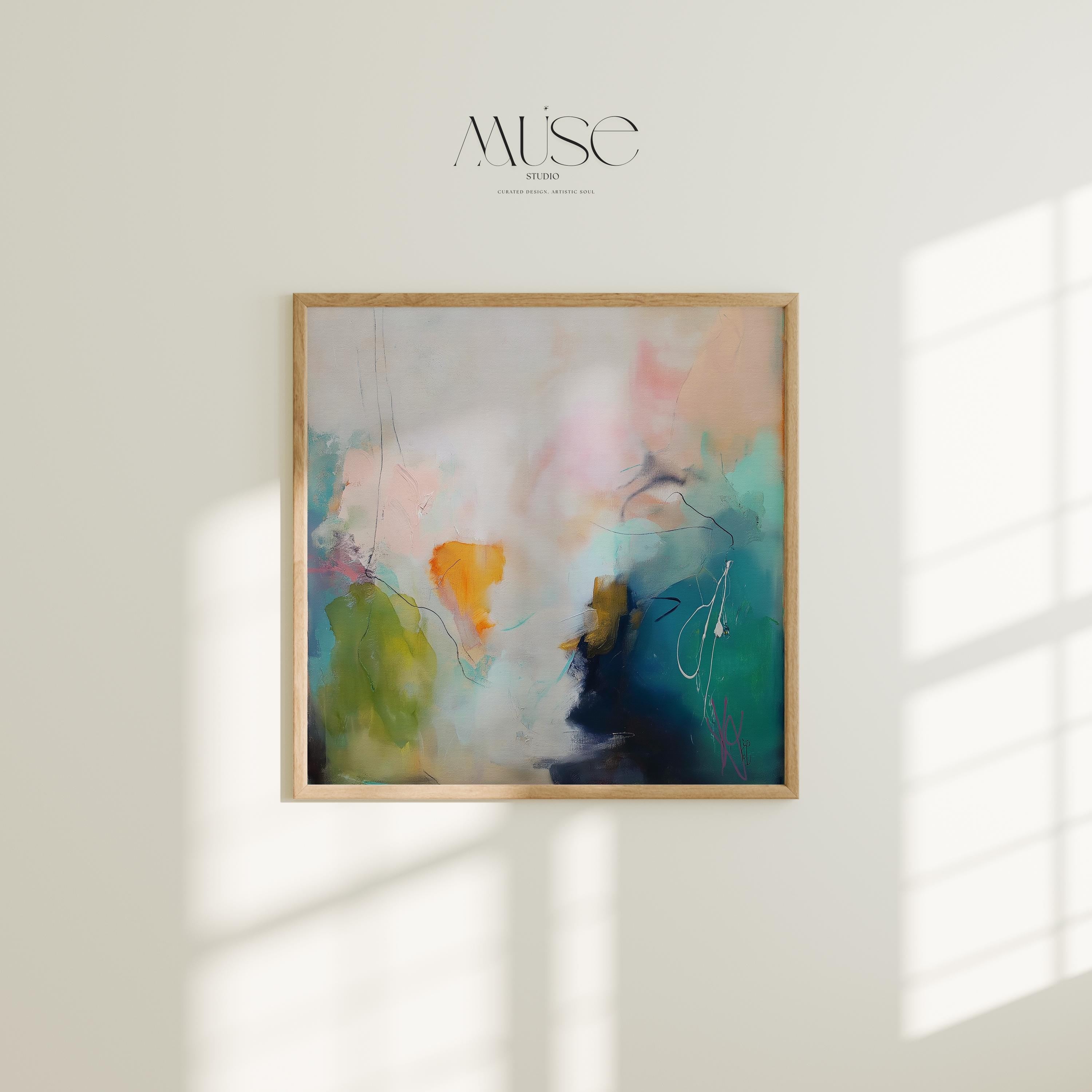 Square giclée poster print in soft blush, teal, and olive with abstract brushwork and airy pastel tones. Ideal for muted modern decor and soft contemporary bedrooms. Printed on fine art paper using archival giclée inks. Available as a fine art poster for curated, color-forward decor.