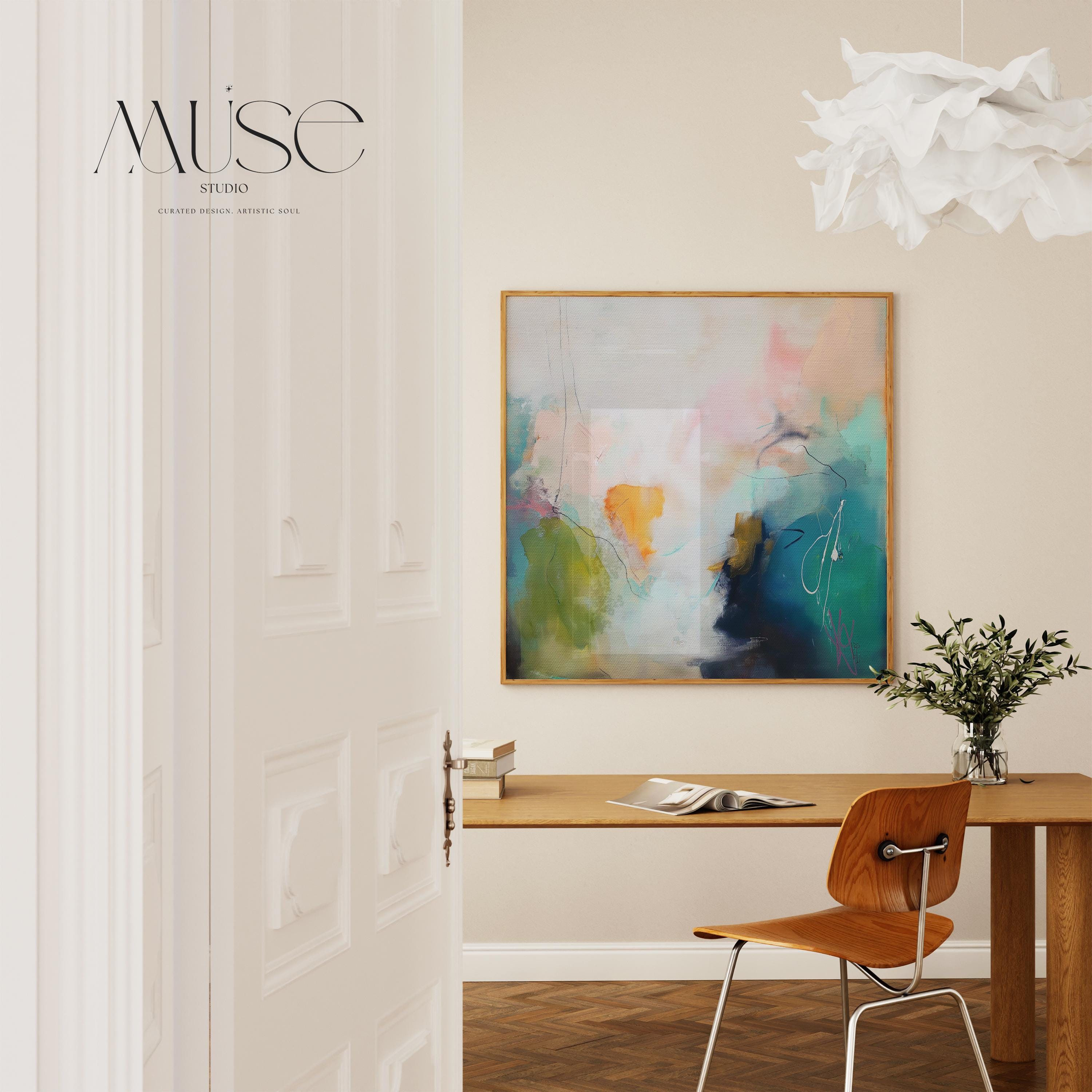 Square giclée poster print in soft blush, teal, and olive with abstract brushwork and airy pastel tones. Ideal for muted modern decor and soft contemporary bedrooms. Printed on fine art paper using archival giclée inks. Available as a fine art poster for curated, color-forward decor.