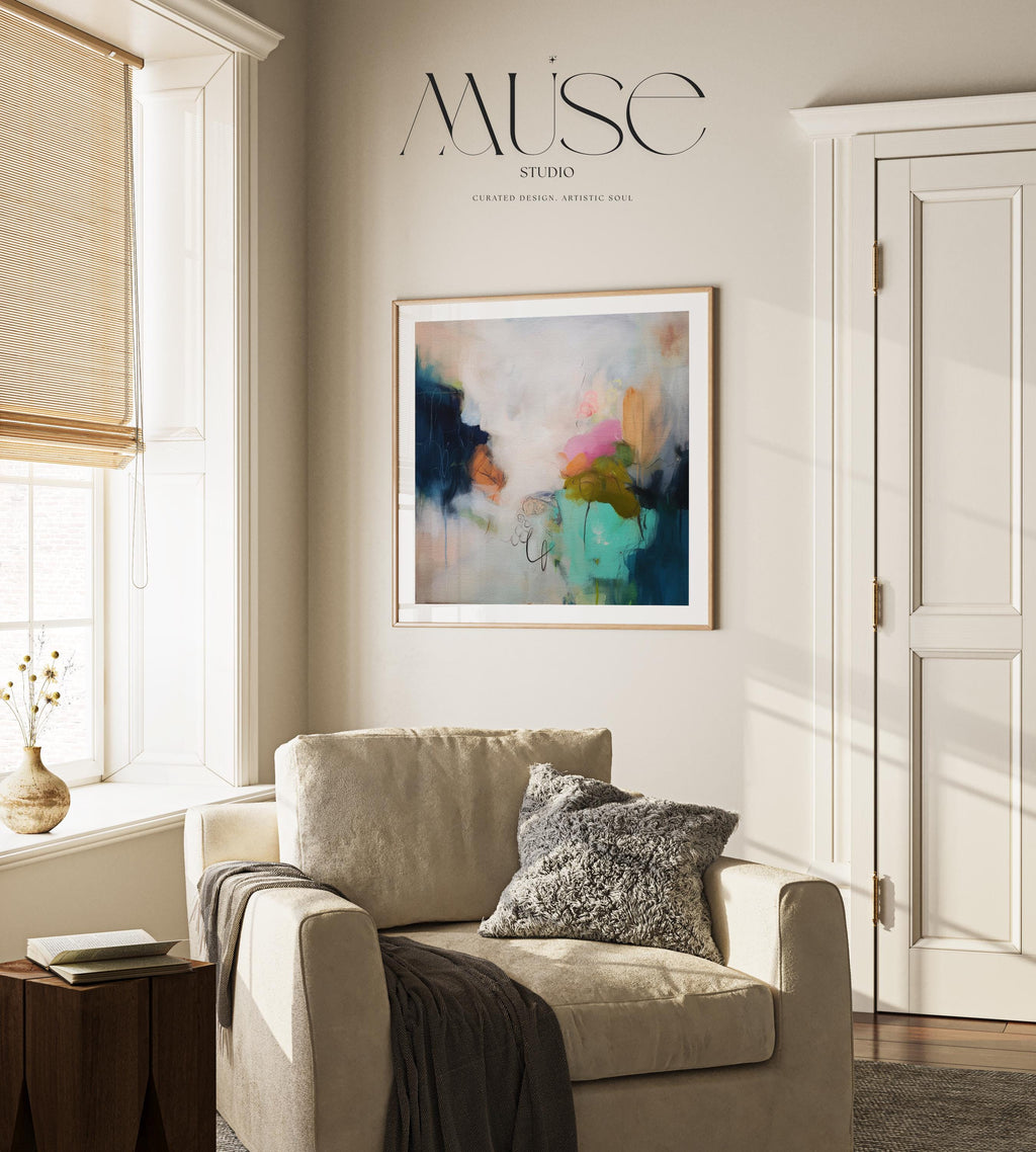 Square abstract giclée art print featuring teal, ochre, blush, and moss green in a softly layered composition. Ideal for earthy boho and soft contemporary decor. Printed on fine art paper using archival giclée inks. Available as a fine art poster for curated, color-forward decor.