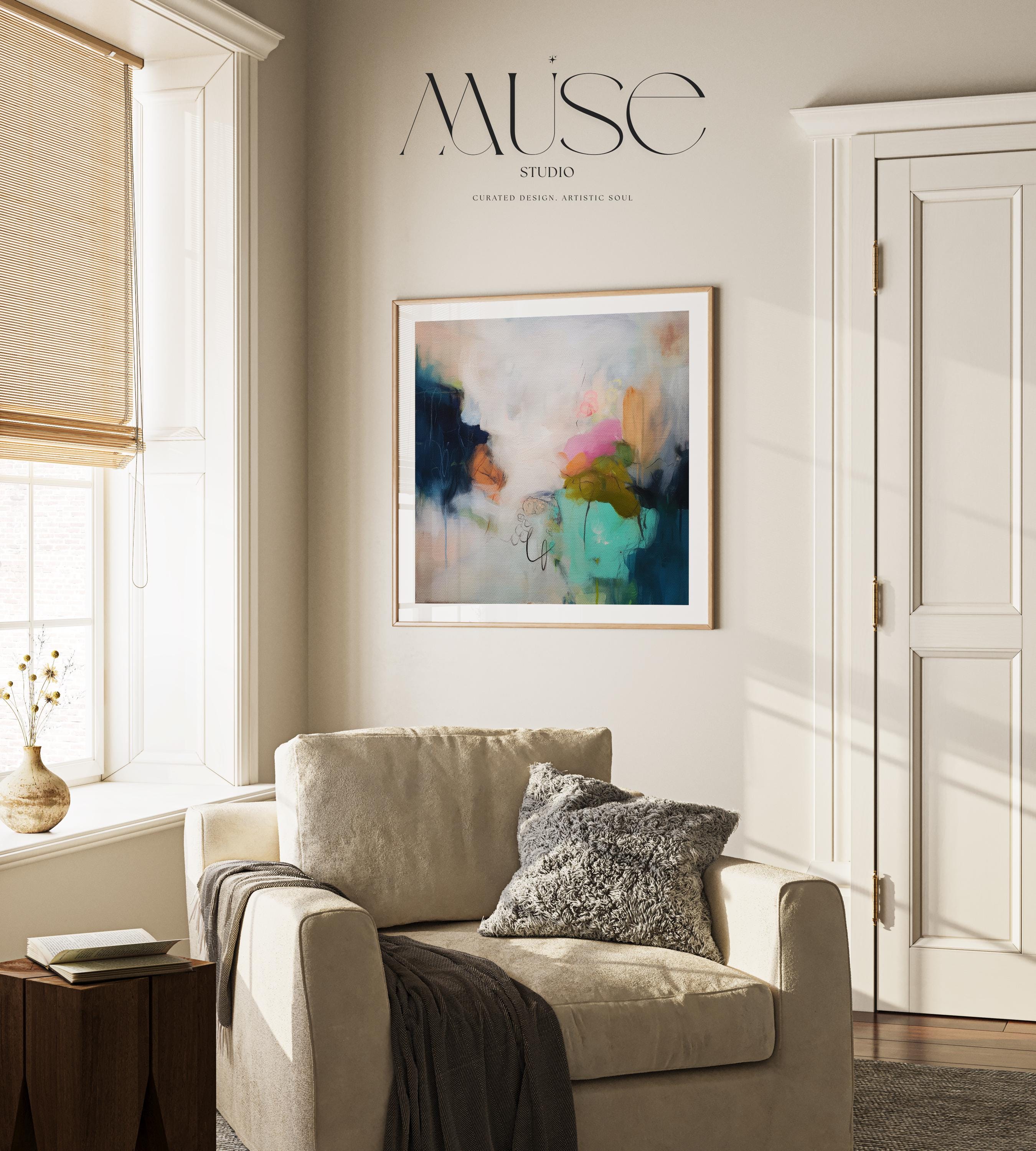 Square abstract giclée art print featuring teal, ochre, blush, and moss green in a softly layered composition. Ideal for earthy boho and soft contemporary decor. Printed on fine art paper using archival giclée inks. Available as a fine art poster for curated, color-forward decor.