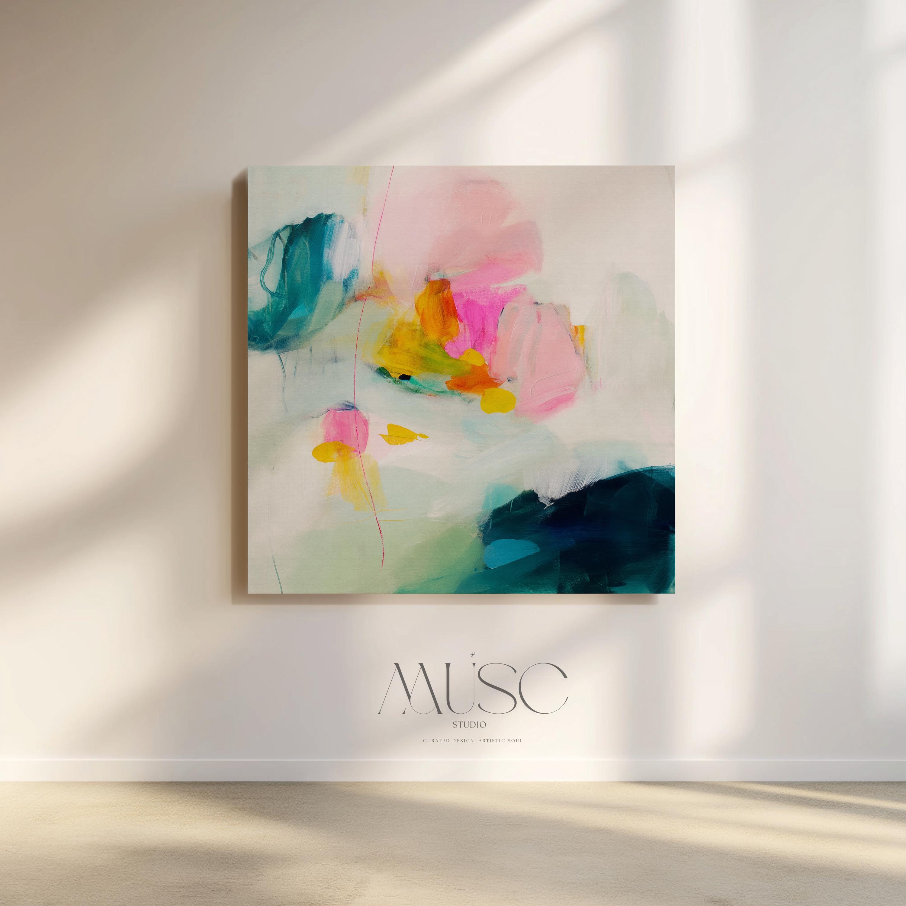 Square abstract canvas wall art in vibrant teal, hot pink, citron yellow, and soft sage green. Giclée printed on artist-grade canvas for bold color and clarity. Ideal for Color Pop or eclectic interiors. Available as framed or gallery-wrapped canvas for curated, color-forward decor.