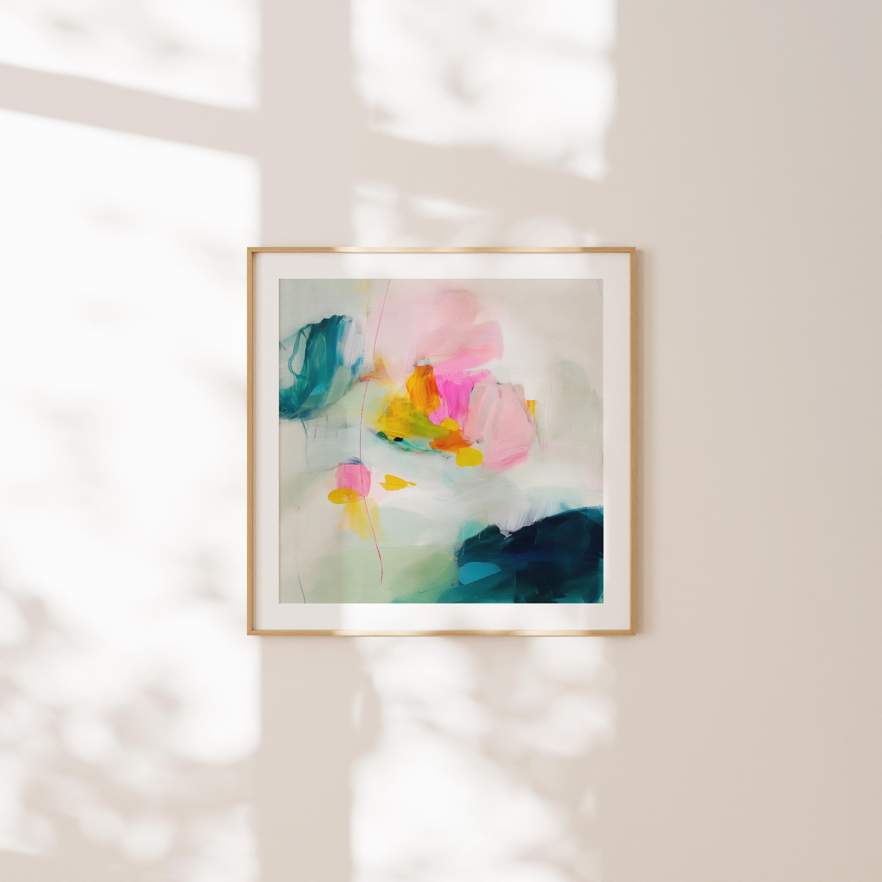 Square abstract canvas wall art in vibrant teal, hot pink, citron yellow, and soft sage green. Giclée printed on artist-grade canvas for bold color and clarity. Ideal for Color Pop or eclectic interiors. Available as framed or gallery-wrapped canvas for curated, color-forward decor.