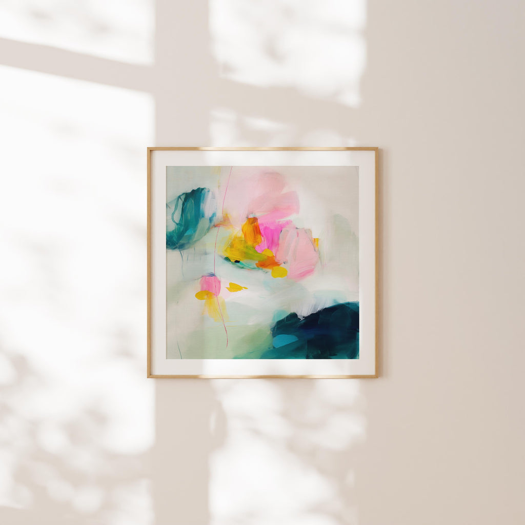 Square abstract canvas wall art in vibrant teal, hot pink, citron yellow, and soft sage green. Giclée printed on artist-grade canvas for bold color and clarity. Ideal for Color Pop or eclectic interiors. Available as framed or gallery-wrapped canvas for curated, color-forward decor.