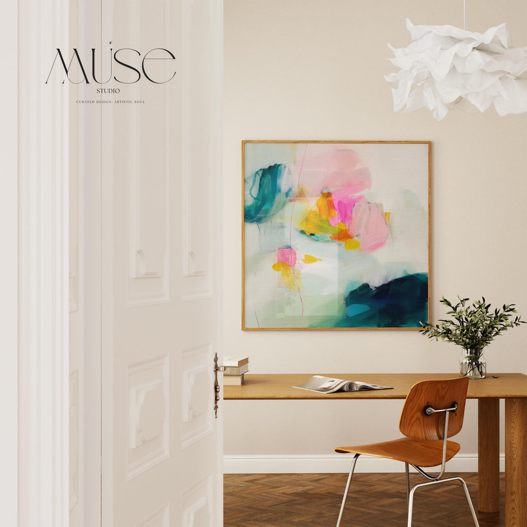 Square abstract canvas wall art in vibrant teal, hot pink, citron yellow, and soft sage green. Giclée printed on artist-grade canvas for bold color and clarity. Ideal for Color Pop or eclectic interiors. Available as framed or gallery-wrapped canvas for curated, color-forward decor.