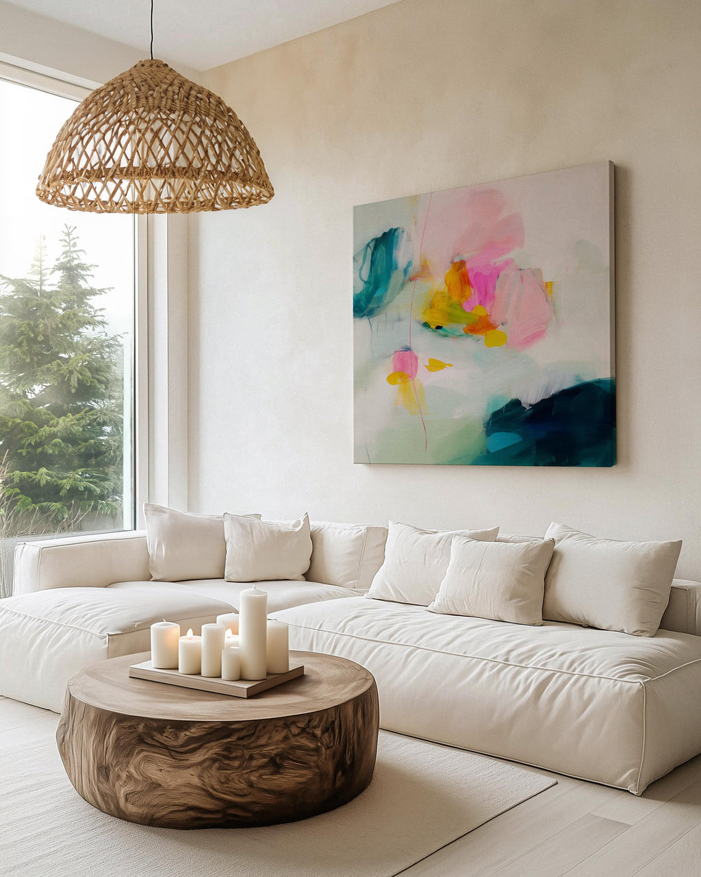 Square abstract canvas wall art in vibrant teal, hot pink, citron yellow, and soft sage green. Giclée printed on artist-grade canvas for bold color and clarity. Ideal for Color Pop or eclectic interiors. Available as framed or gallery-wrapped canvas for curated, color-forward decor.