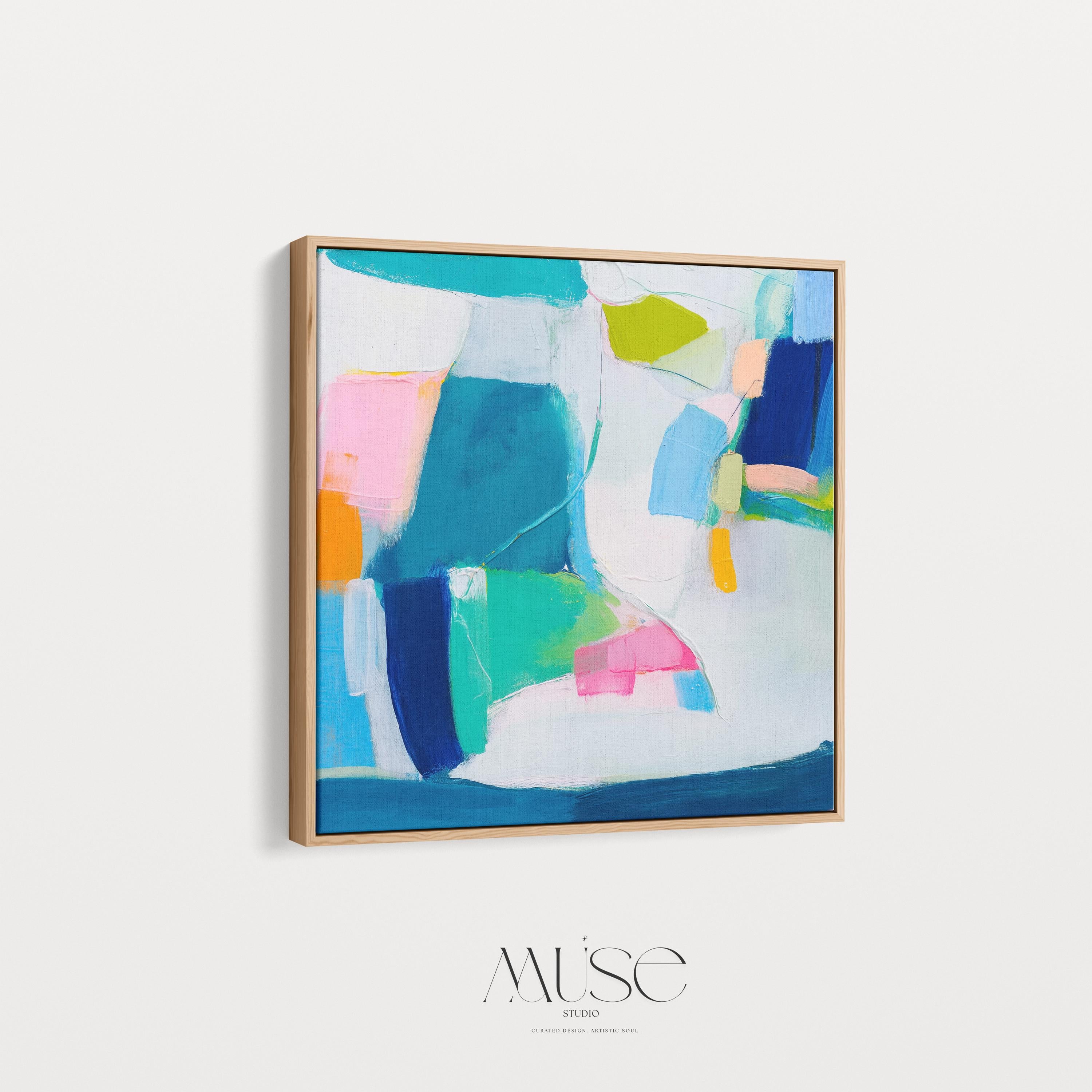 Abstract Color Block Wall Art Teal Blue Pink and Citrus Framed Canvas Bold Geometric Style Modern Living Room Decor Art Square 478