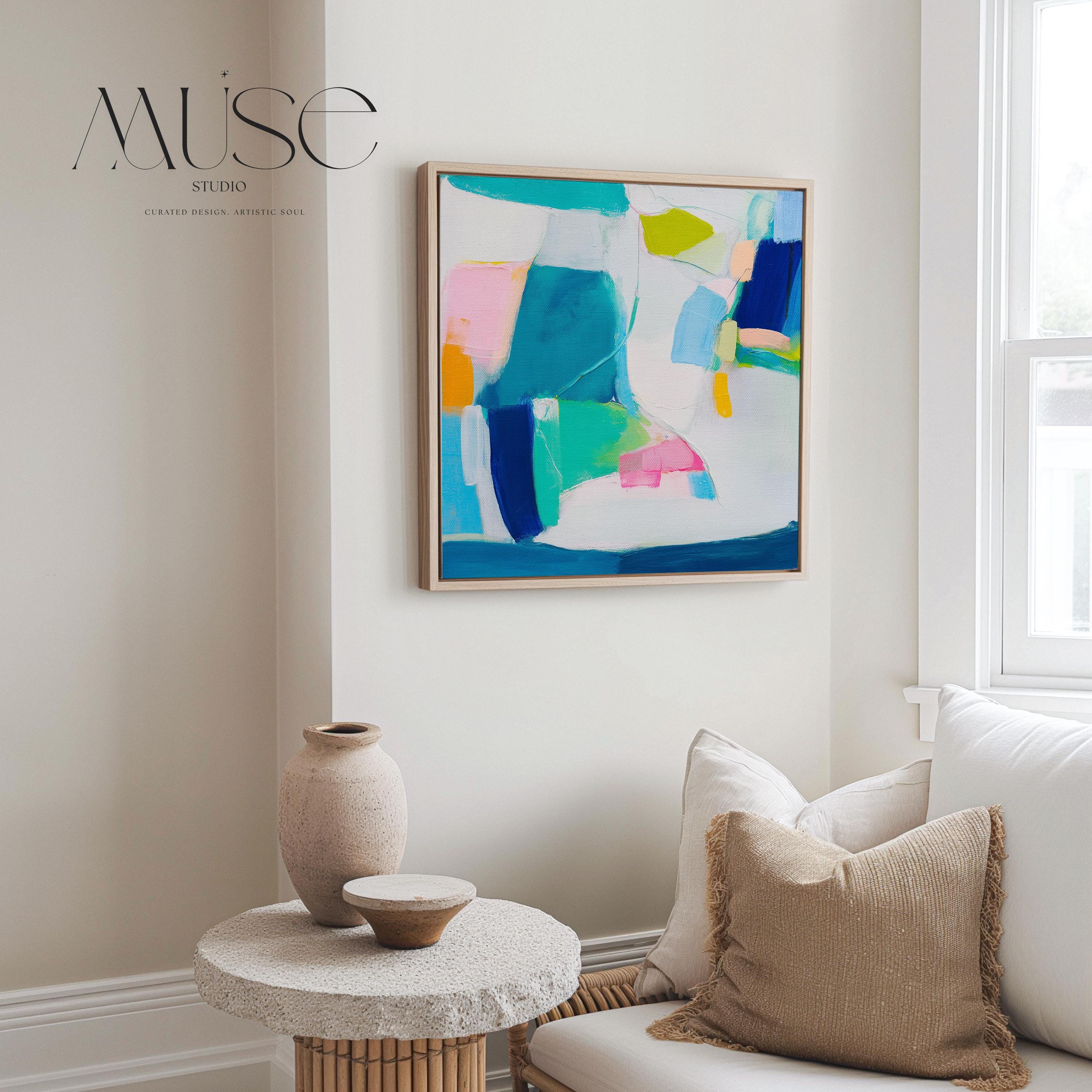 Abstract Color Block Wall Art Teal Blue Pink and Citrus Framed Canvas Bold Geometric Style Modern Living Room Decor Art Square 478