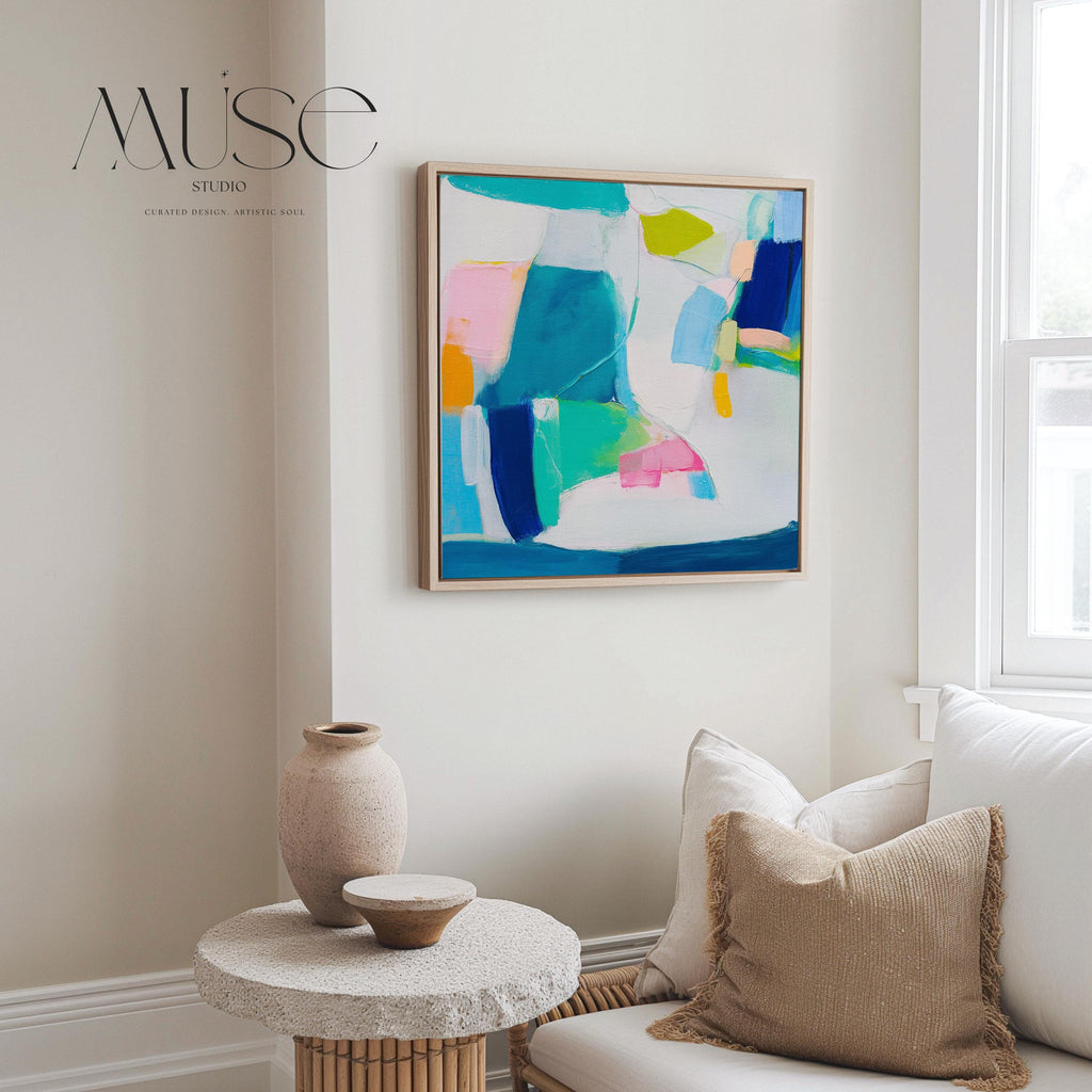 Abstract Color Block Wall Art Teal Blue Pink and Citrus Framed Canvas Bold Geometric Style Modern Living Room Decor Art Square 478 Framed Canvas Art Colorful abstract wall art on framed canvas, perfect for bold decor art and modern wall decor. Large statement piece with expressive brushstrokes and rich textures. Ready-to-hang giclée canvas designed to energize living rooms, offices, bedrooms and curated interiors. Muse Studio Decor Art.