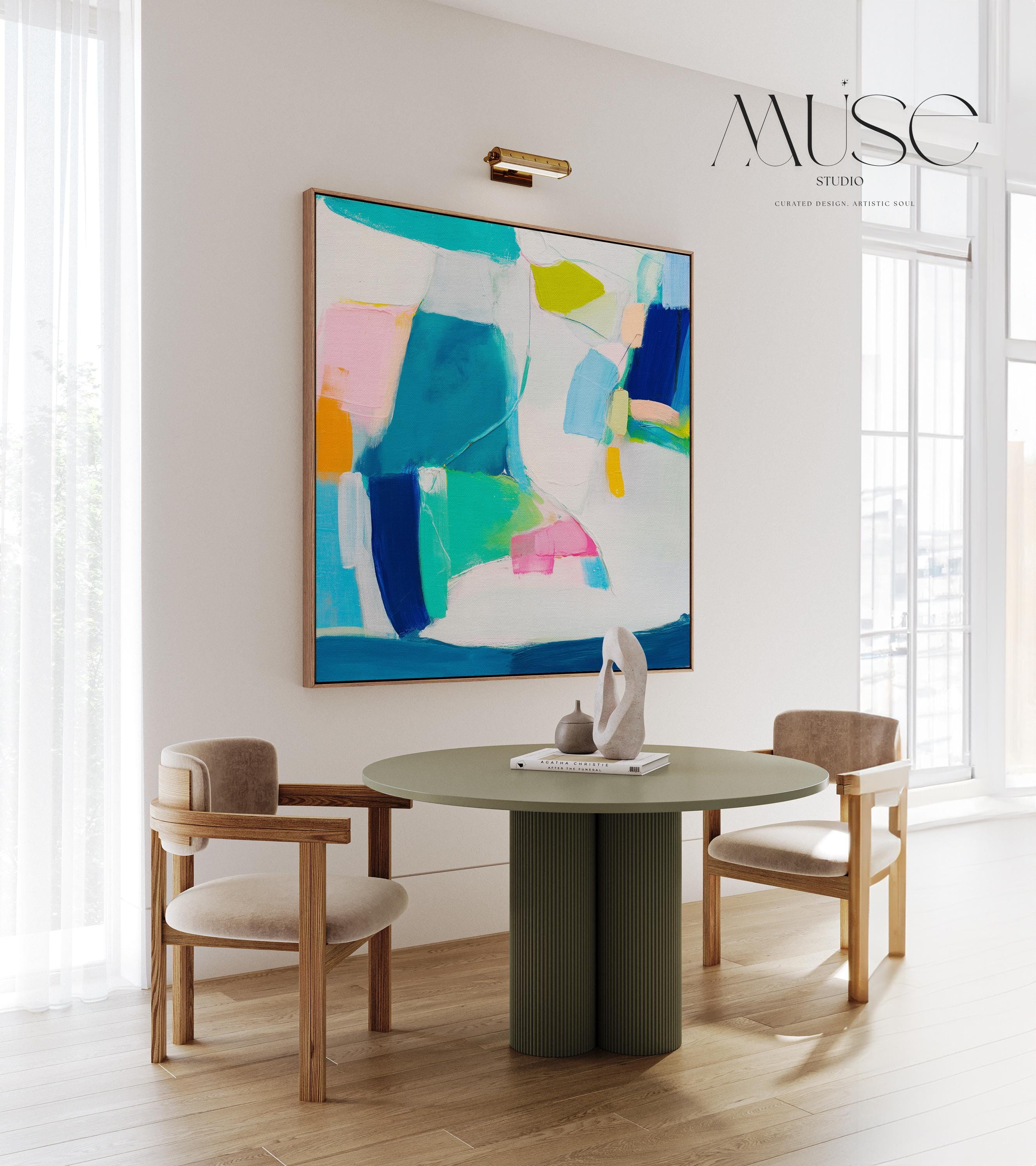 Abstract Color Block Wall Art Teal Blue Pink and Citrus Framed Canvas Bold Geometric Style Modern Living Room Decor Art Square 478 Framed Canvas Art Colorful abstract wall art on framed canvas, perfect for bold decor art and modern wall decor. Large statement piece with expressive brushstrokes and rich textures. Ready-to-hang giclée canvas designed to energize living rooms, offices, bedrooms and curated interiors. Muse Studio Decor Art.
