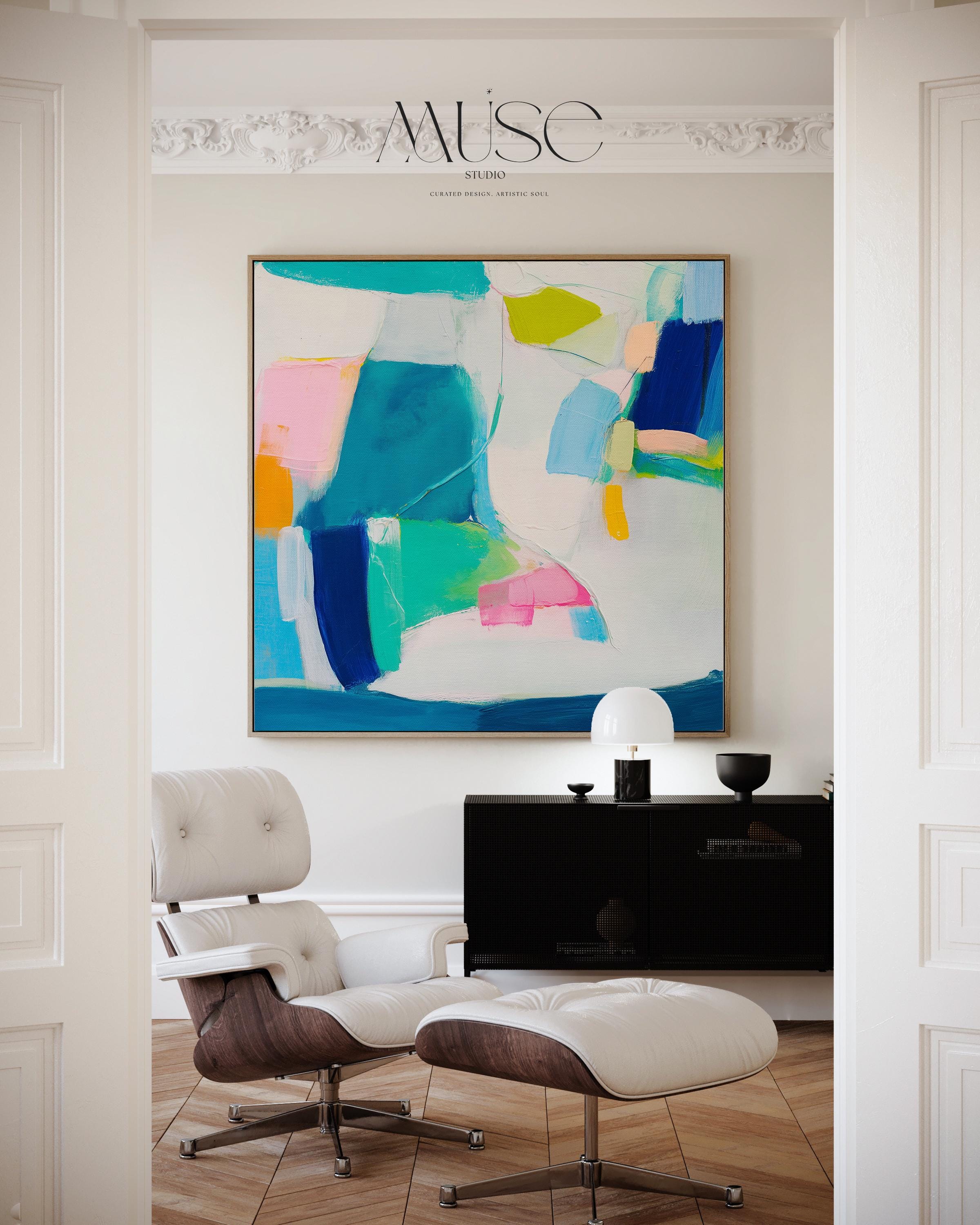 Abstract Color Block Wall Art Teal Blue Pink and Citrus Framed Canvas Bold Geometric Style Modern Living Room Decor Art Square 478 Framed Canvas Art Colorful abstract wall art on framed canvas, perfect for bold decor art and modern wall decor. Large statement piece with expressive brushstrokes and rich textures. Ready-to-hang giclée canvas designed to energize living rooms, offices, bedrooms and curated interiors. Muse Studio Decor Art.