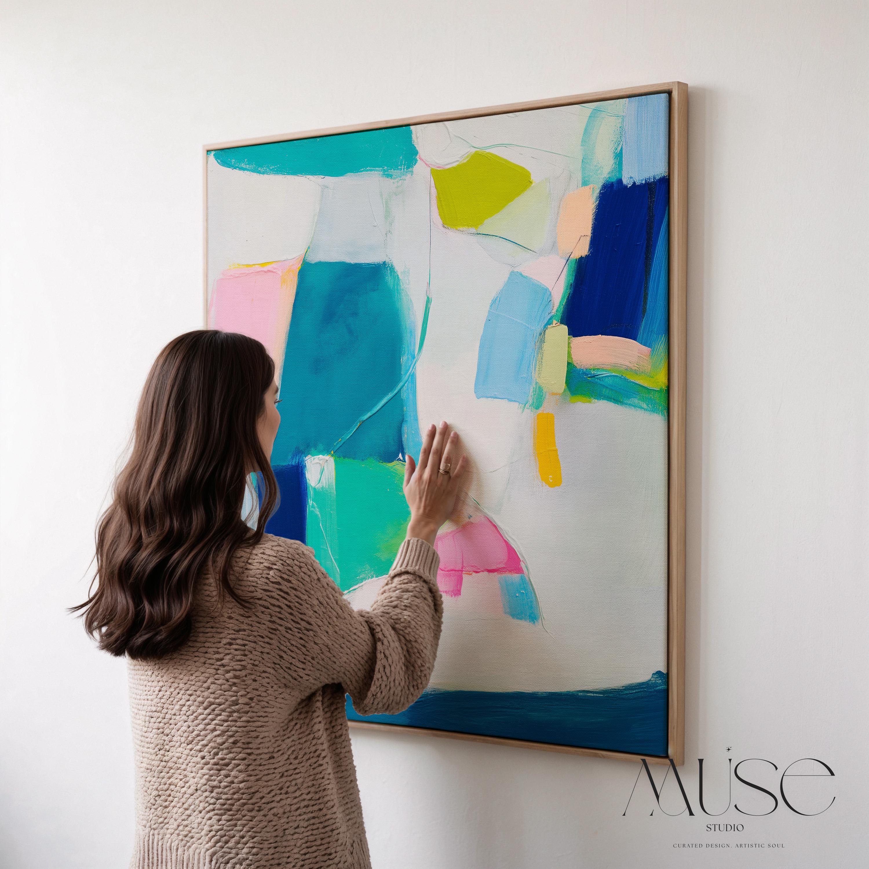 Abstract Color Block Wall Art Teal Blue Pink and Citrus Framed Canvas Bold Geometric Style Modern Living Room Decor Art Square 478 Framed Canvas Art Colorful abstract wall art on framed canvas, perfect for bold decor art and modern wall decor. Large statement piece with expressive brushstrokes and rich textures. Ready-to-hang giclée canvas designed to energize living rooms, offices, bedrooms and curated interiors. Muse Studio Decor Art.