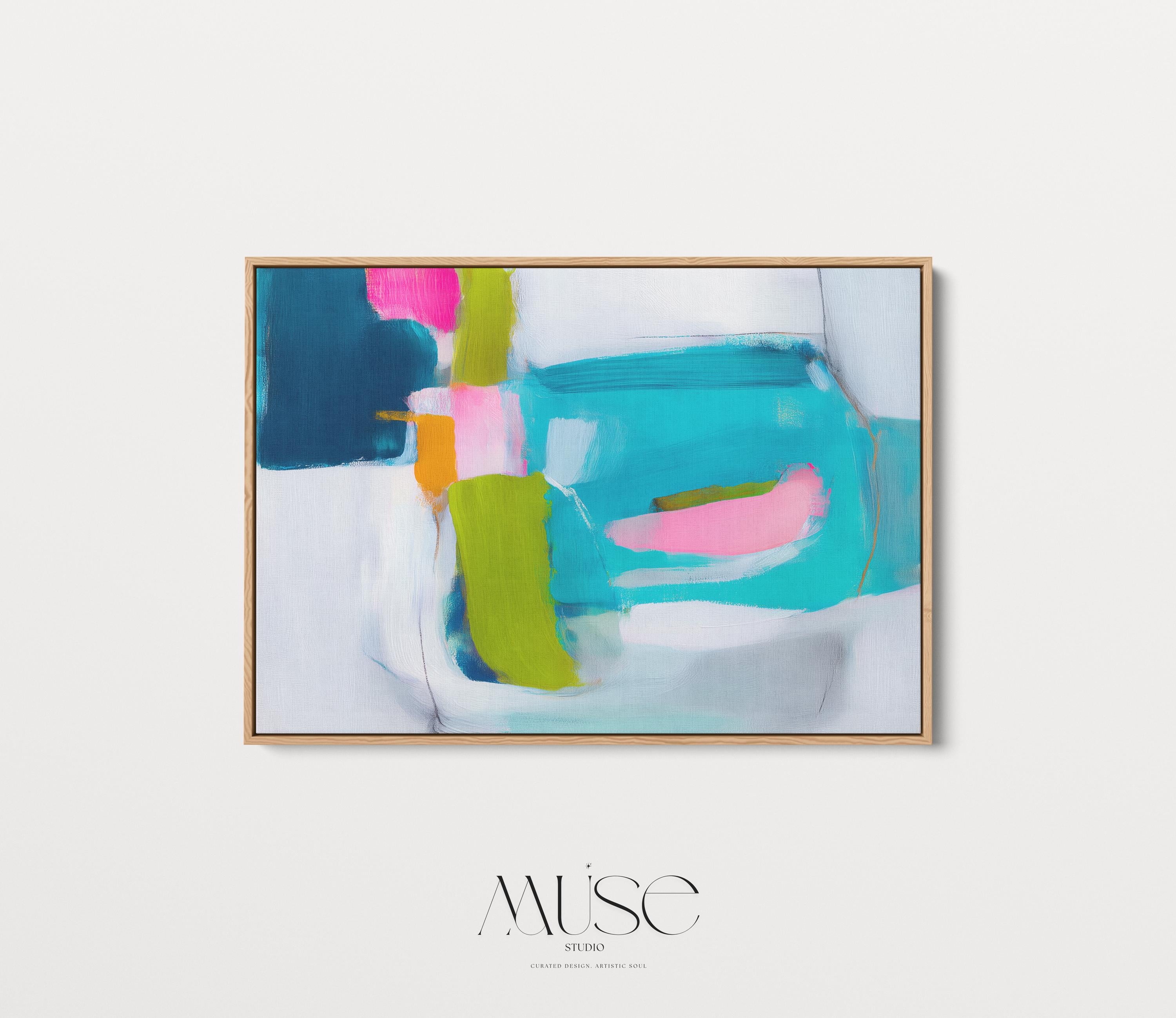 Color Pop Abstract Canvas Wall Art Pink Teal Blue Painting Large Horizontal Modern Art for Living Room or Office Decor Bold Style 479 Framed Canvas Art Colorful abstract wall art on framed canvas, perfect for bold decor art and modern wall decor. Large statement piece with expressive brushstrokes and rich textures. Ready-to-hang giclée canvas designed to energize living rooms, offices, bedrooms and curated interiors. Muse Studio Decor Art.
