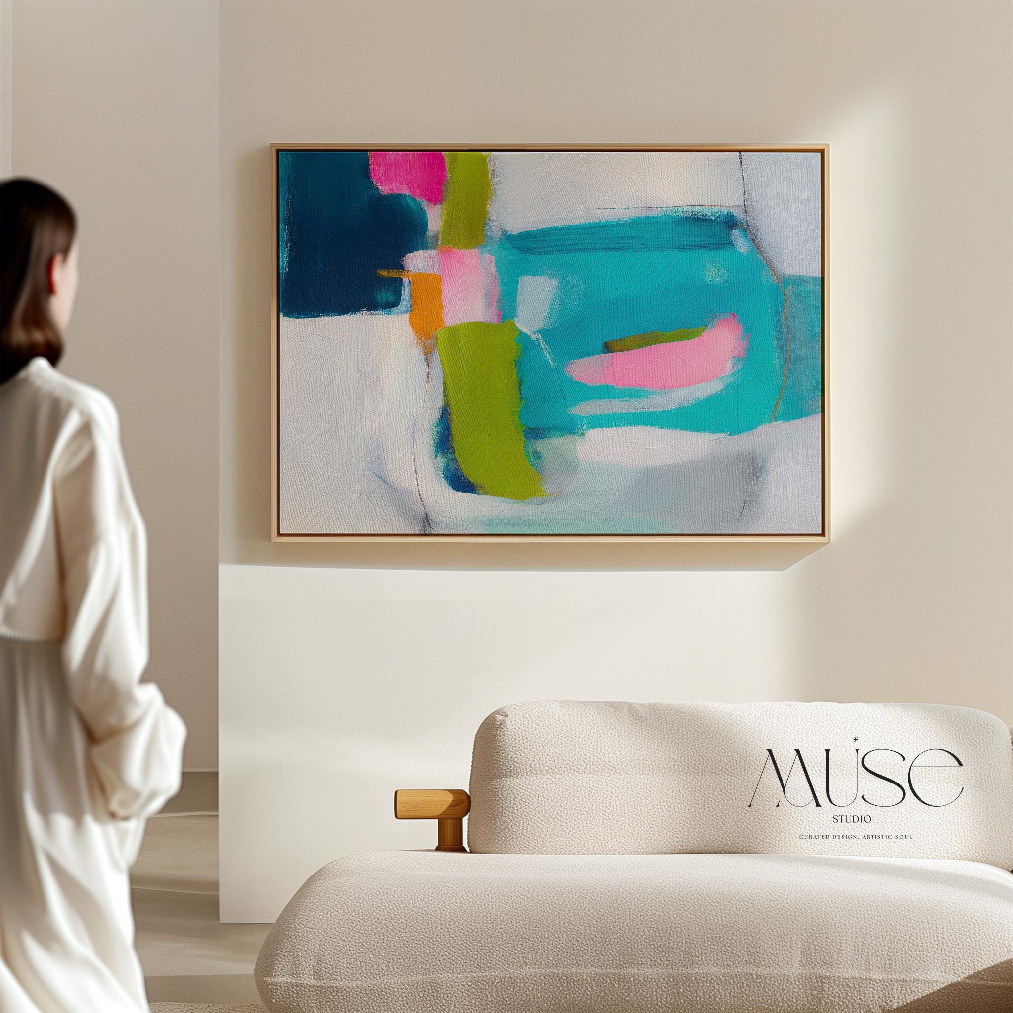 Color pop abstract canvas wall art by Muse Studio featuring pink, teal, and blue tones in a bold horizontal composition, printed with museum-grade giclée inks on premium gallery-wrapped artist canvas for living room or office decor 479