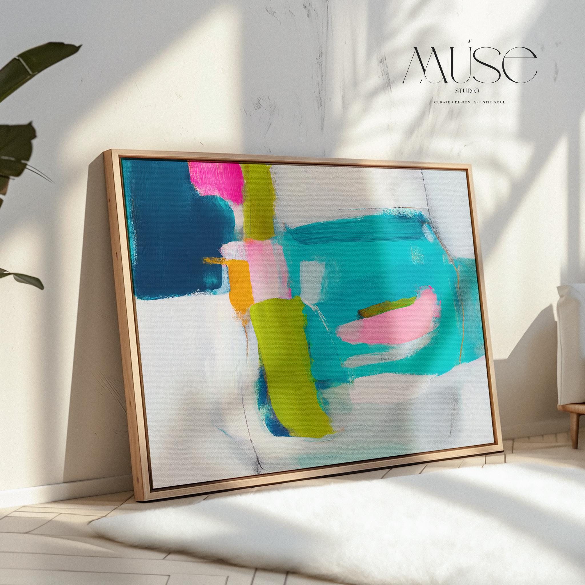 Color Pop Abstract Canvas Wall Art Pink Teal Blue Painting Large Horizontal Modern Art for Living Room or Office Decor Bold Style 479