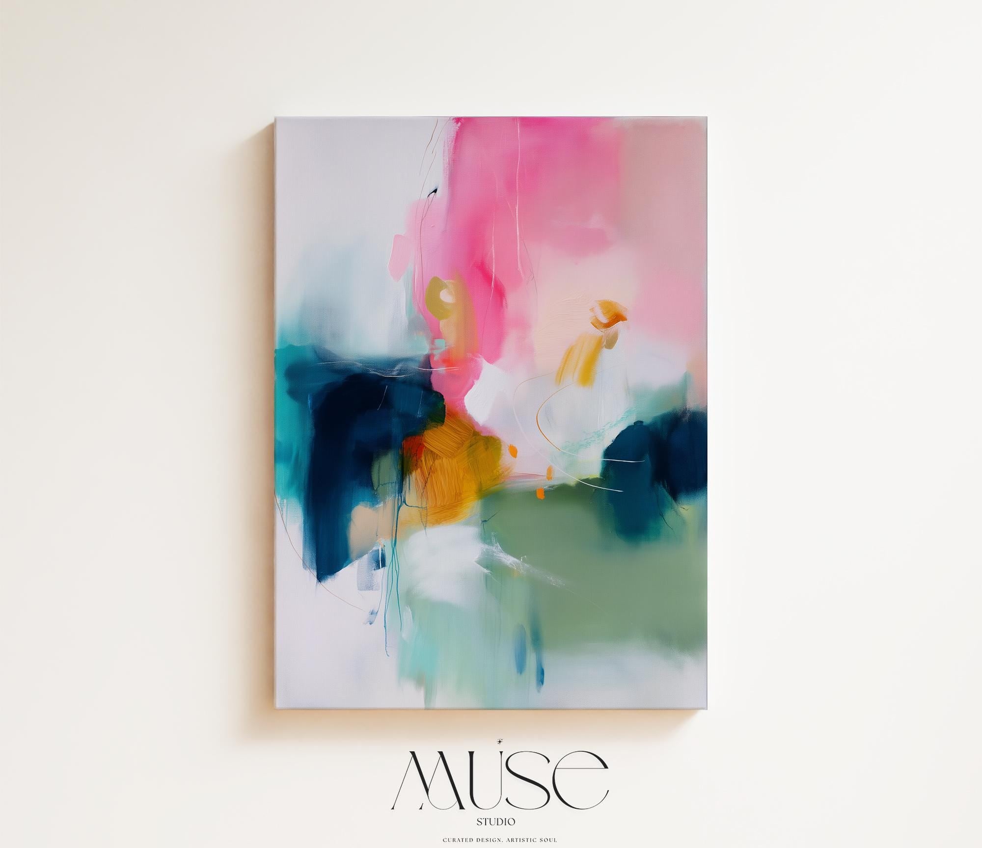 Vertical abstract wall art in pink, teal, and ochre tones with a bold color pop style, ideal for living room or office statement decor. Available as framed canvas or gallery-wrapped canvas by Muse Studio.