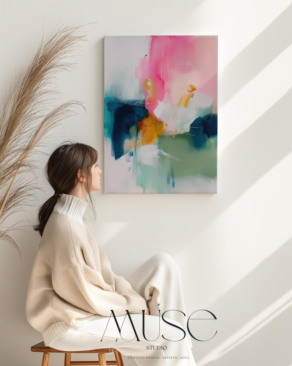 Bold giclée canvas art in vertical format featuring rich teal, blush pink, golden ochre, and sage in a layered abstract style. A high-impact wall art piece perfect for living rooms, entryways, or stylish home offices. Available as a fine art poster or canvas wall art for curated, color-forward decor.