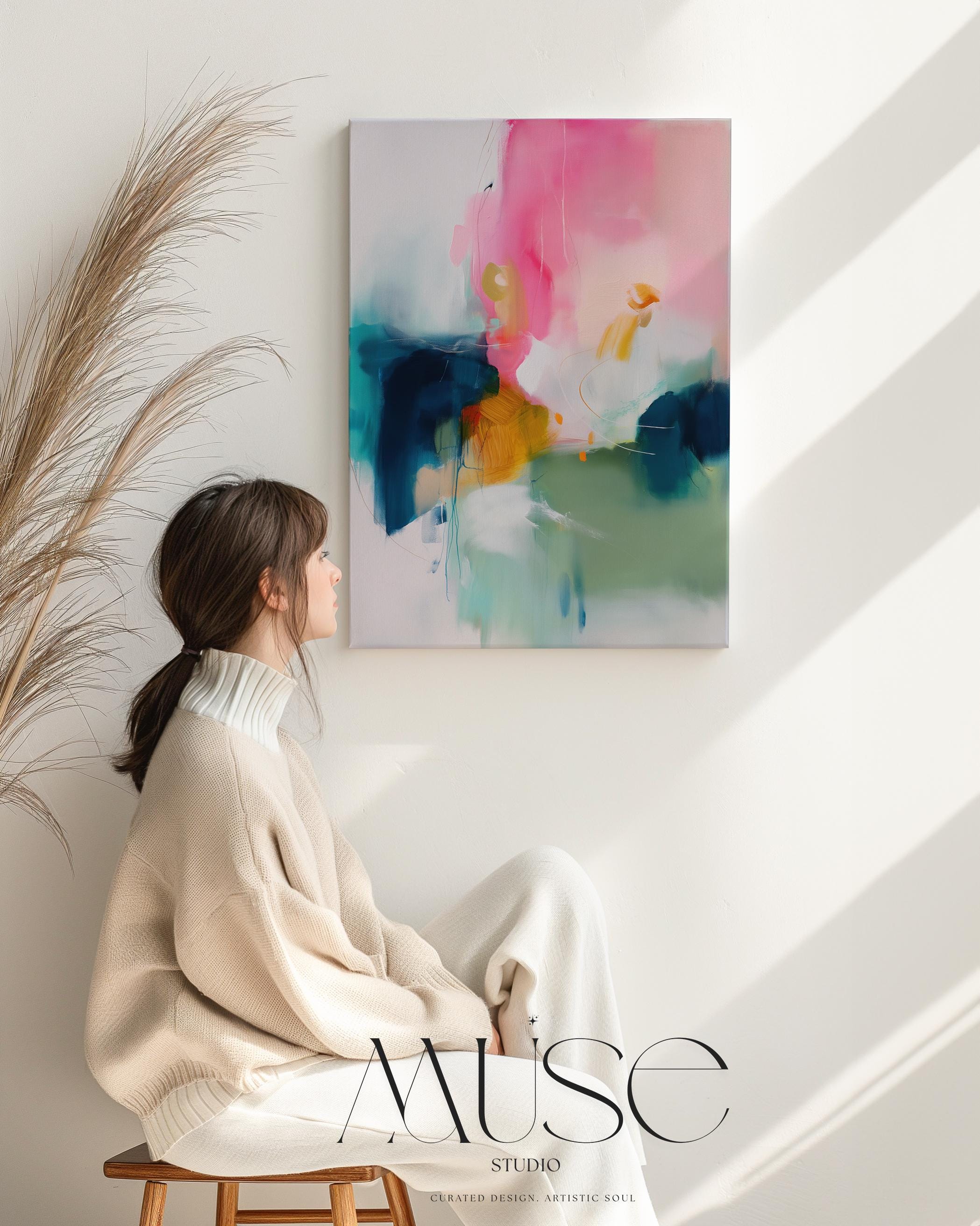 Bold giclée canvas art in vertical format featuring rich teal, blush pink, golden ochre, and sage in a layered abstract style. A high-impact wall art piece perfect for living rooms, entryways, or stylish home offices. Available as a fine art poster or canvas wall art for curated, color-forward decor.