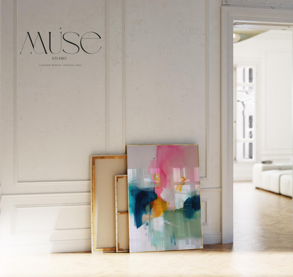 Bold giclée canvas art in vertical format featuring rich teal, blush pink, golden ochre, and sage in a layered abstract style. A high-impact wall art piece perfect for living rooms, entryways, or stylish home offices. Available as a fine art poster or canvas wall art for curated, color-forward decor.