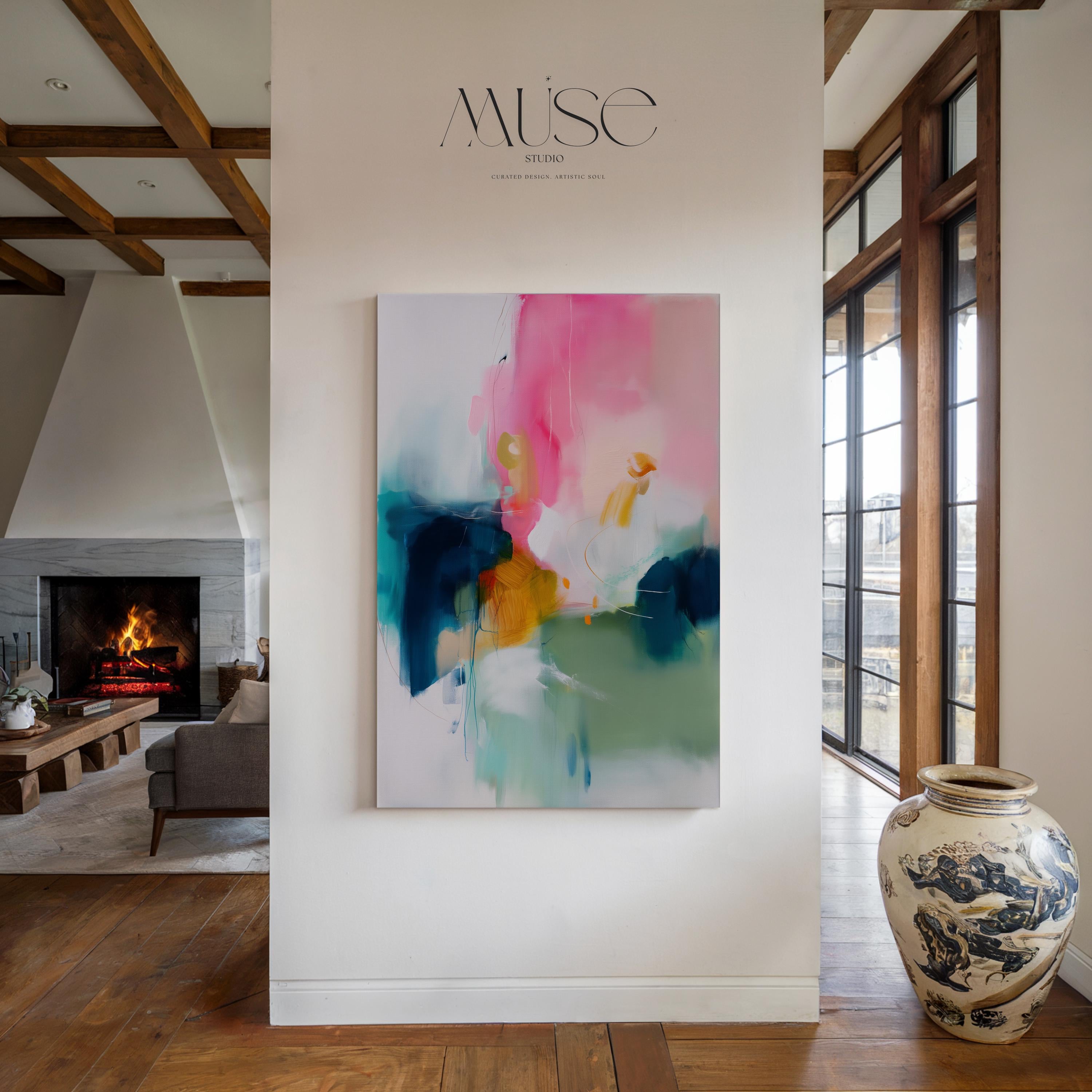 Bold giclée canvas art in vertical format featuring rich teal, blush pink, golden ochre, and sage in a layered abstract style. A high-impact wall art piece perfect for living rooms, entryways, or stylish home offices. Available as a fine art poster or canvas wall art for curated, color-forward decor.