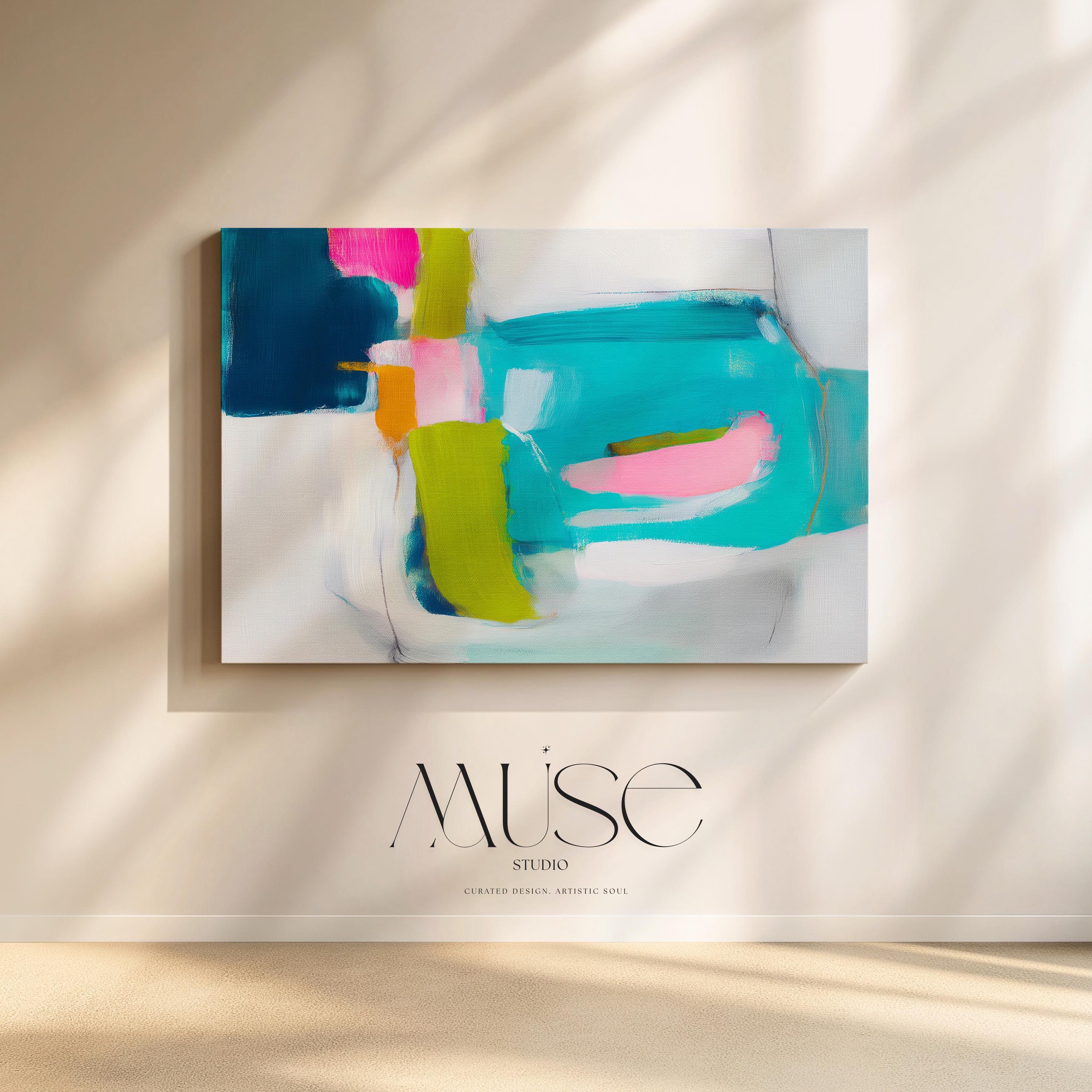 Abstract Canvas Wall Art Teal Pink and Chartreuse Painting Horizontal Bold Color Pop for Office or Living Room Decor Large Modern Art 479 Stretched Canvas Art Large abstract wall decor on stretched canvas, gallery-wrapped and ready to hang. Perfect for colorful wall art in living rooms, office spaces, and design projects. Giclée canvas print with bold brushwork and vibrant modern style for impactful home decor. Muse Studio Decor Art.