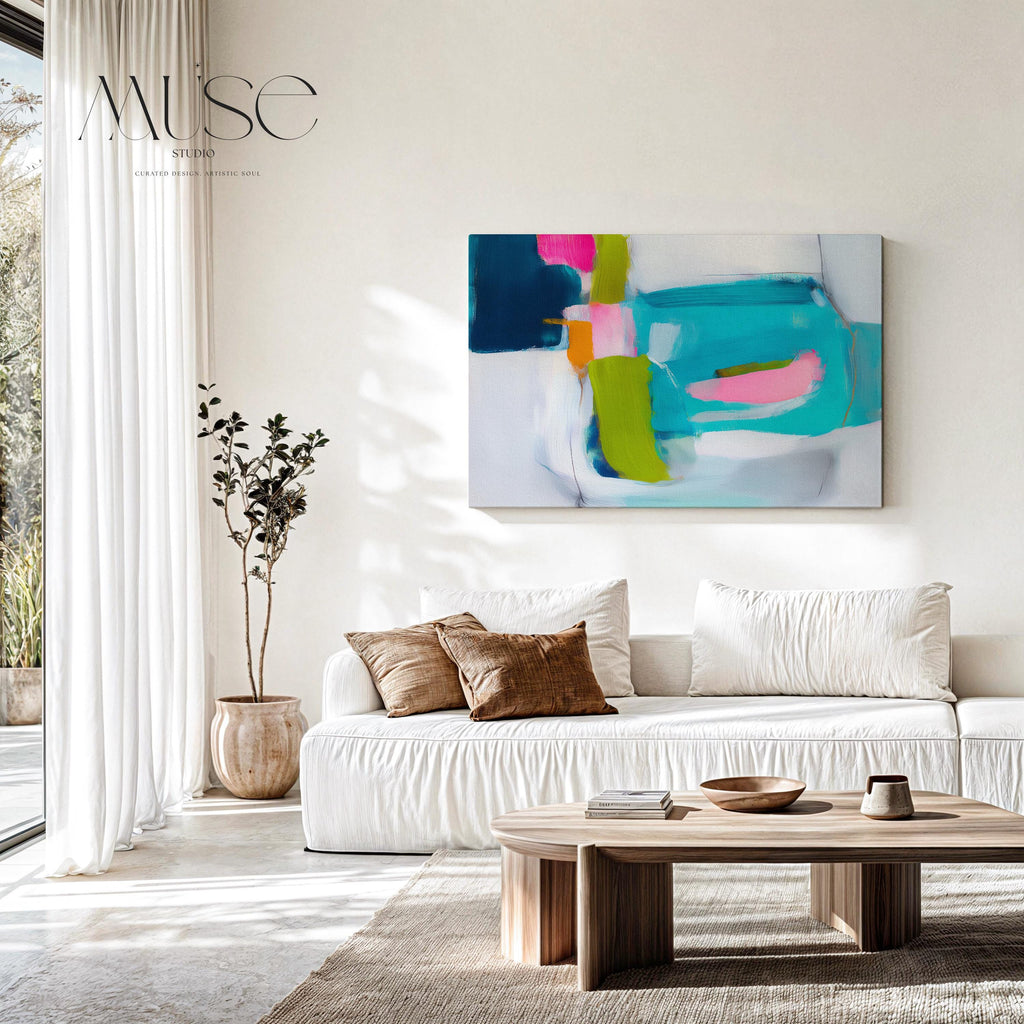Abstract Canvas Wall Art Teal Pink and Chartreuse Painting Horizontal Bold Color Pop for Office or Living Room Decor Large Modern Art 479 Room Staging Colorful abstract wall decor styled in a modern neutral home. Large statement wall art displayed in living room, bedroom, or office spaces. Vibrant canvas or giclée decor art adds bold visual impact to contemporary interiors, ideal for home staging, office design, and curated spaces. Muse Studio Decor Art.