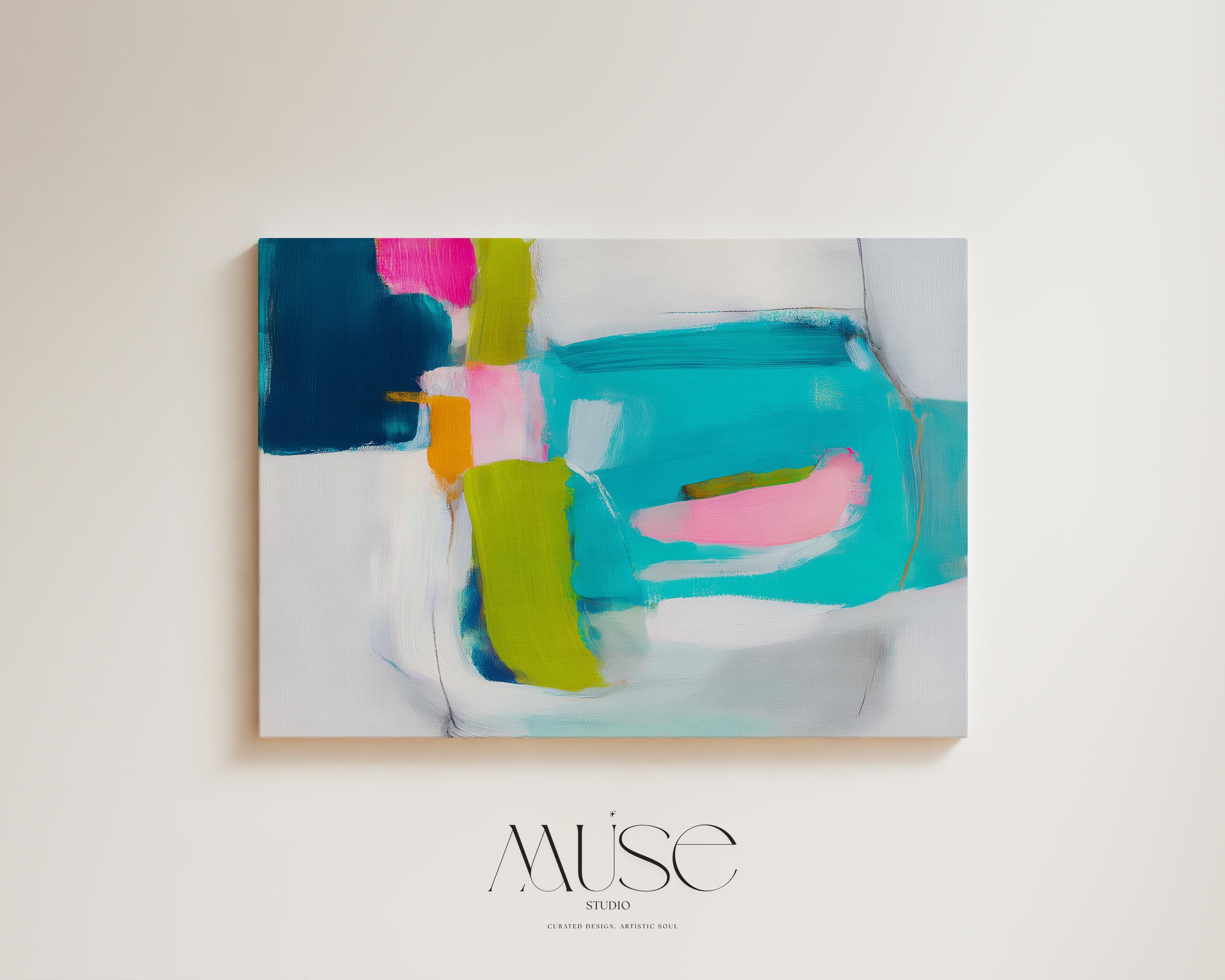 Abstract Canvas Wall Art Teal Pink and Chartreuse Painting Horizontal Bold Color Pop for Office or Living Room Decor Large Modern Art 479 Stretched Canvas Art Large abstract wall decor on stretched canvas, gallery-wrapped and ready to hang. Perfect for colorful wall art in living rooms, office spaces, and design projects. Giclée canvas print with bold brushwork and vibrant modern style for impactful home decor. Muse Studio Decor Art.
