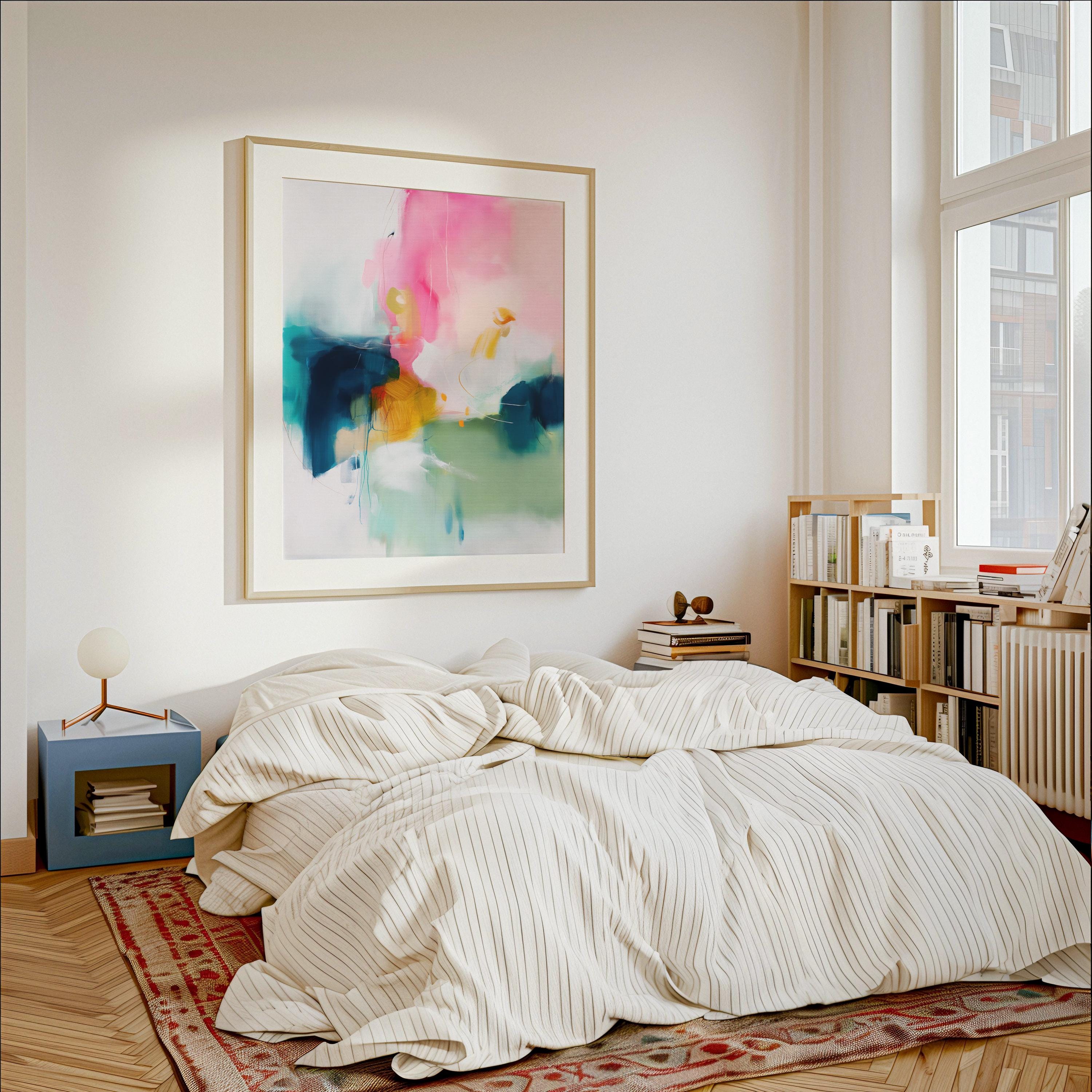 Vertical giclée art print in a bold, colorful palette of blush pink, teal, ochre, and sage. A striking abstract design perfect for color-forward bedrooms, creative studios, or statement walls. Available as a fine art poster or canvas wall art for curated, color-forward decor.
