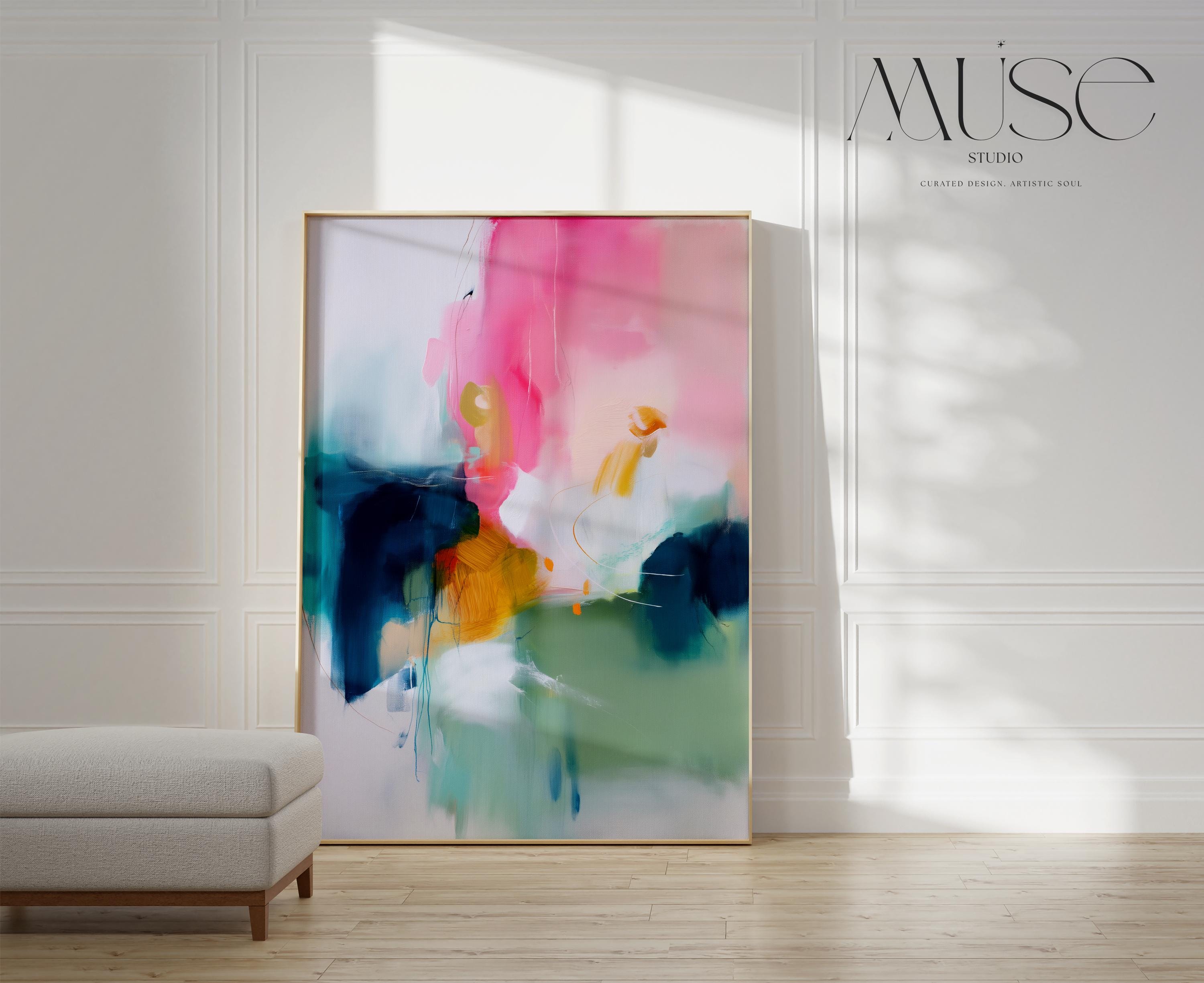 Vertical giclée art print in a bold, colorful palette of blush pink, teal, ochre, and sage. A striking abstract design perfect for color-forward bedrooms, creative studios, or statement walls. Available as a fine art poster or canvas wall art for curated, color-forward decor.