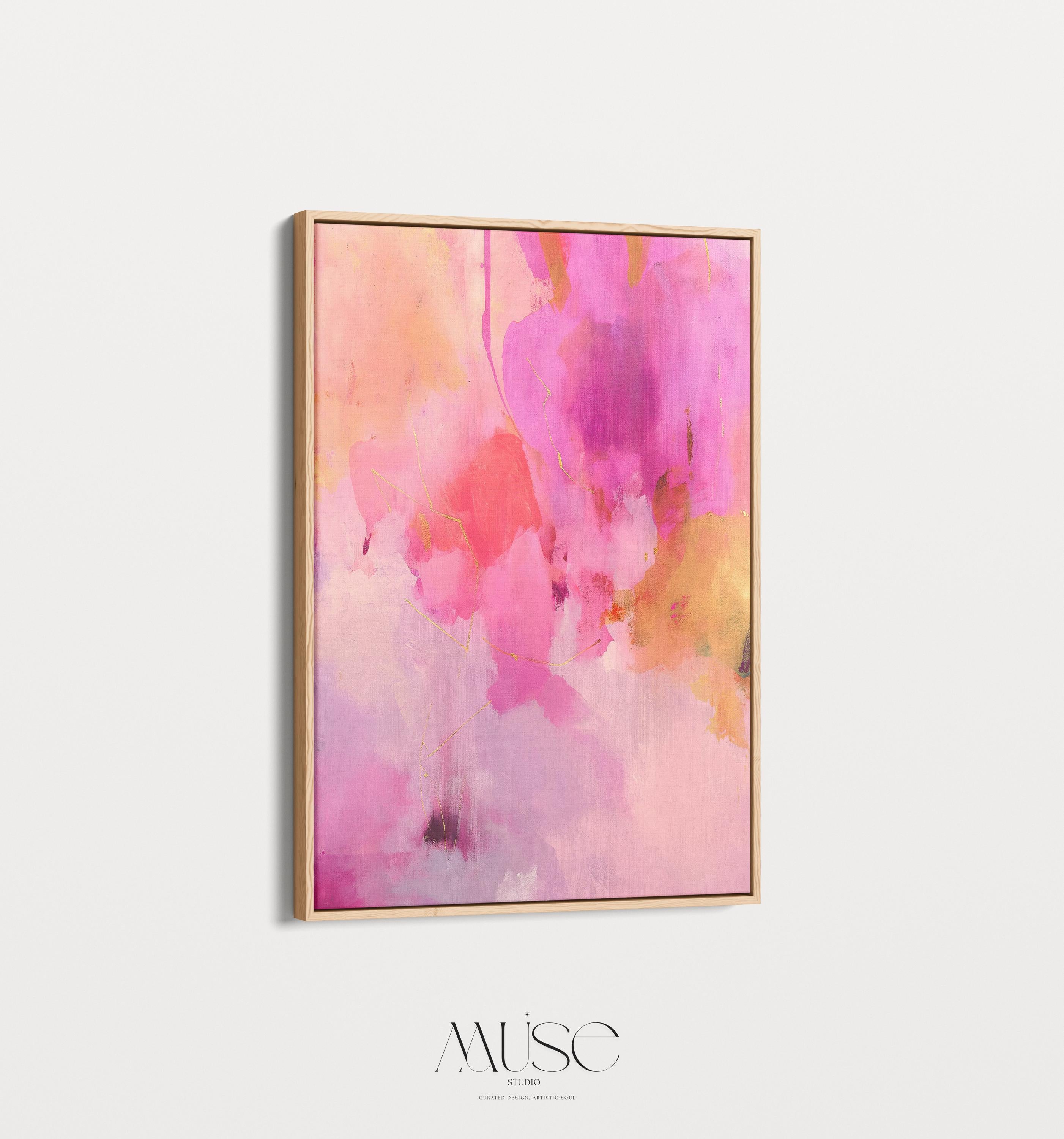 Abstract Vertical Canvas Art Pink and Gold Painting Large Framed Wall Art for Bedroom or Entry Soft Contemporary Modern Decor 476