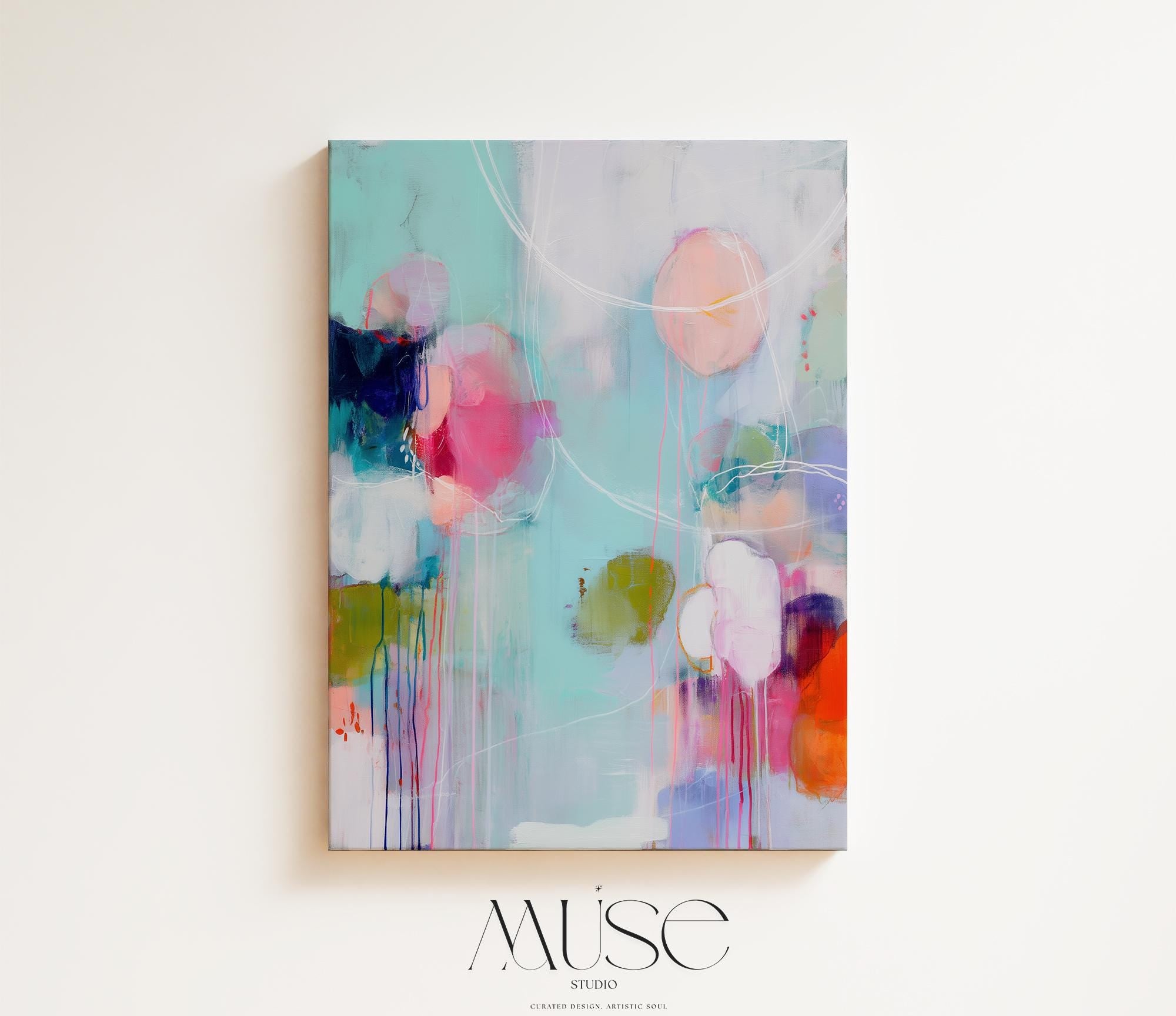 Vertical abstract giclée canvas in aqua, fuchsia, peach, and navy with circular and linear motion. Colorful and bold, perfect for eclectic living rooms, office decor, or vibrant entryways. Available as a fine art poster or canvas wall art for curated, color-forward decor.