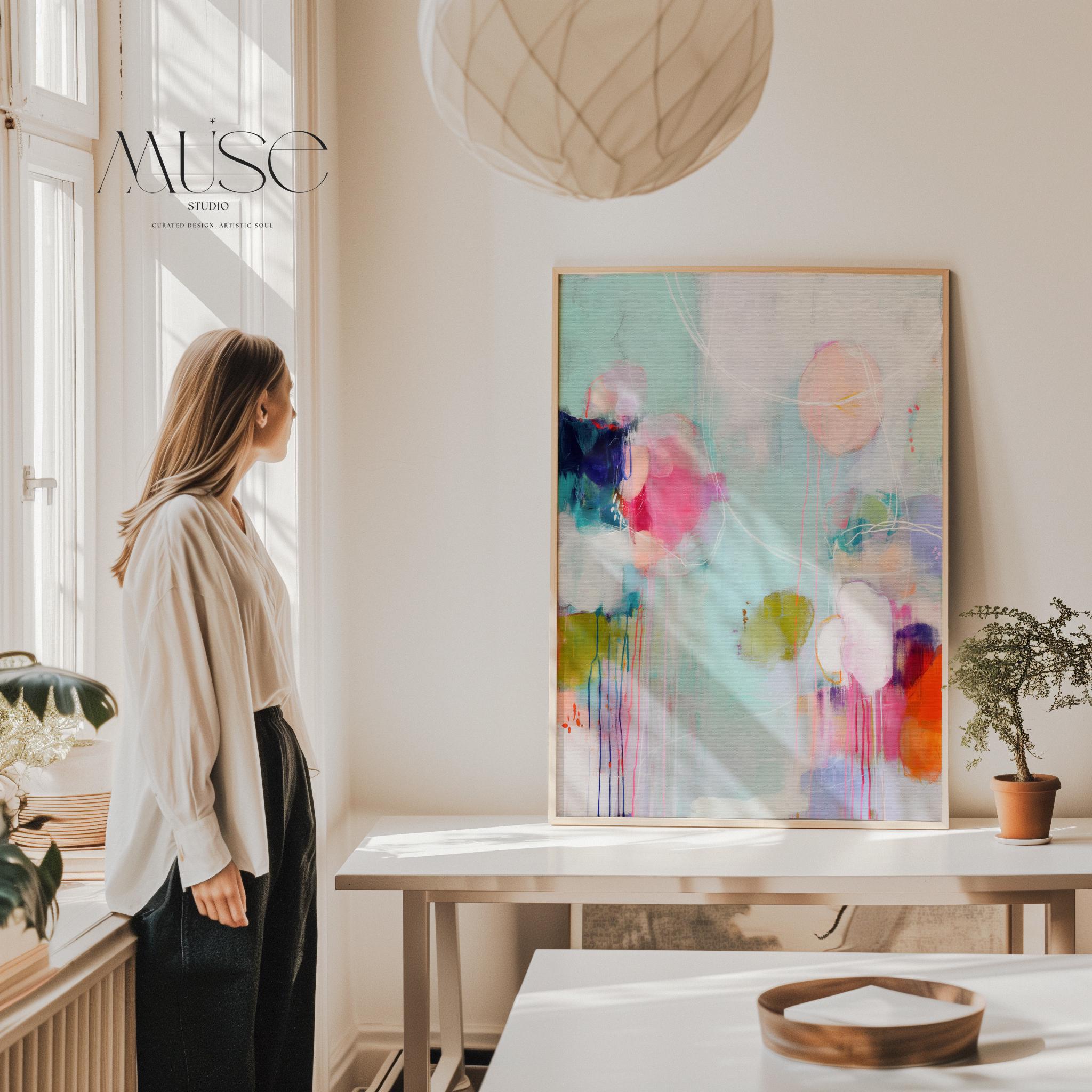 Vertical abstract giclée canvas in aqua, fuchsia, peach, and navy with circular and linear motion. Colorful and bold, perfect for eclectic living rooms, office decor, or vibrant entryways. Available as a fine art poster or canvas wall art for curated, color-forward decor.