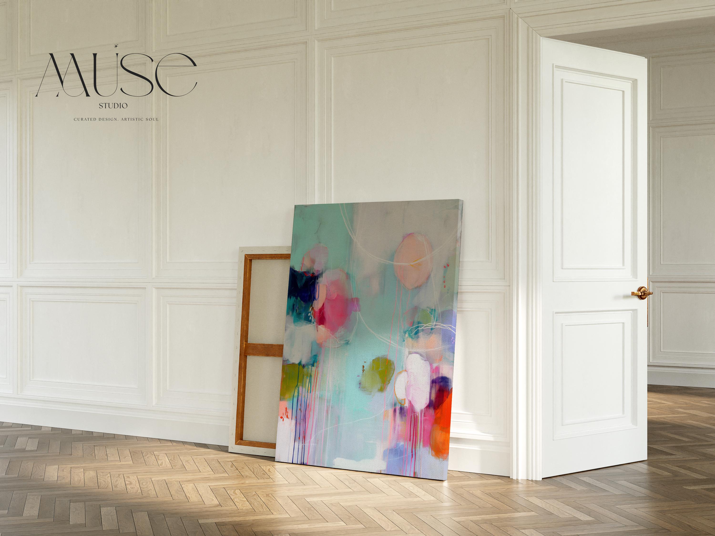 Vertical abstract giclée canvas in aqua, fuchsia, peach, and navy with circular and linear motion. Colorful and bold, perfect for eclectic living rooms, office decor, or vibrant entryways. Available as a fine art poster or canvas wall art for curated, color-forward decor.