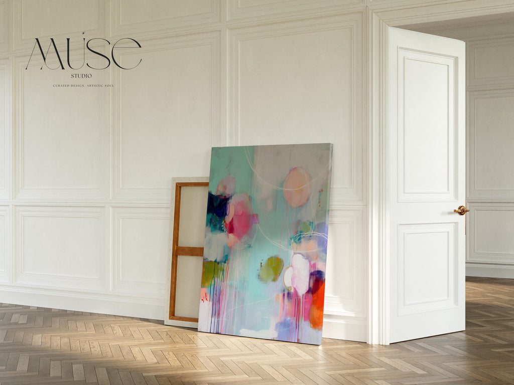 Vertical abstract giclée canvas in aqua, fuchsia, peach, and navy with circular and linear motion. Colorful and bold, perfect for eclectic living rooms, office decor, or vibrant entryways. Available as a fine art poster or canvas wall art for curated, color-forward decor.