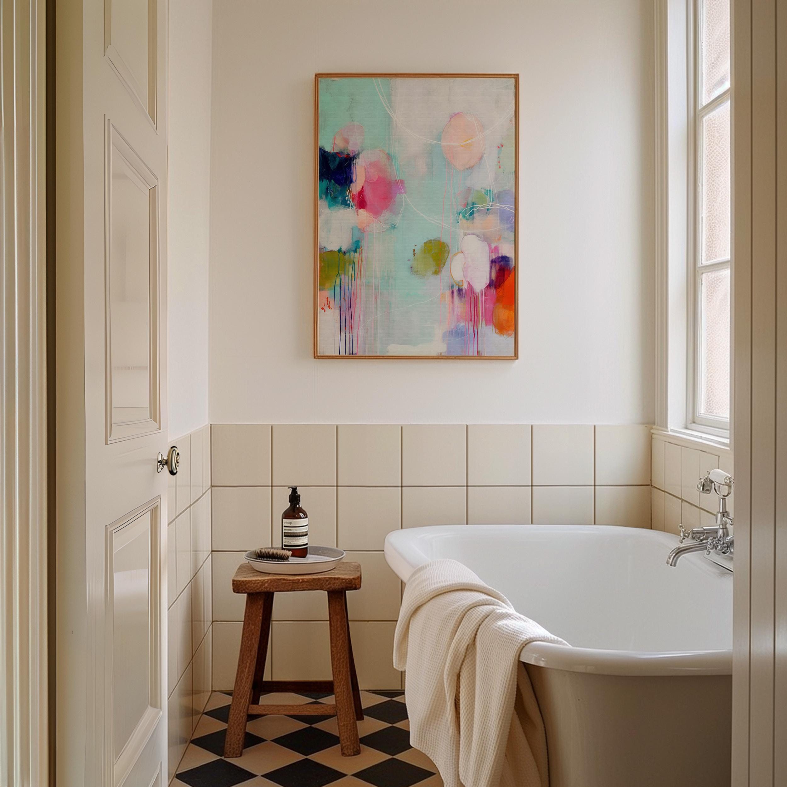 Vertical abstract giclée canvas in aqua, fuchsia, peach, and navy with circular and linear motion. Colorful and bold, perfect for eclectic living rooms, office decor, or vibrant entryways. Available as a fine art poster or canvas wall art for curated, color-forward decor.