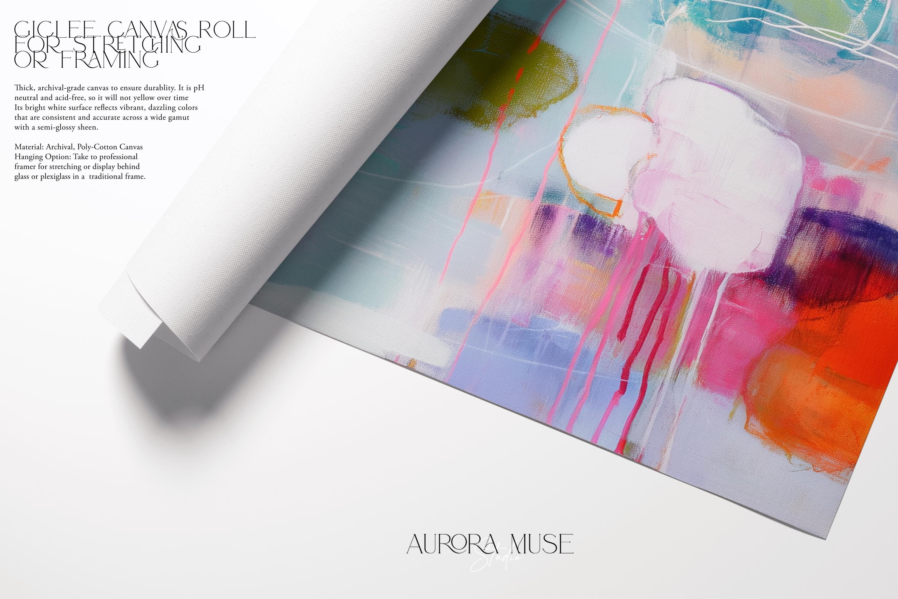 Vertical abstract giclée canvas in aqua, fuchsia, peach, and navy with circular and linear motion. Colorful and bold, perfect for eclectic living rooms, office decor, or vibrant entryways. Available as a fine art poster or canvas wall art for curated, color-forward decor.