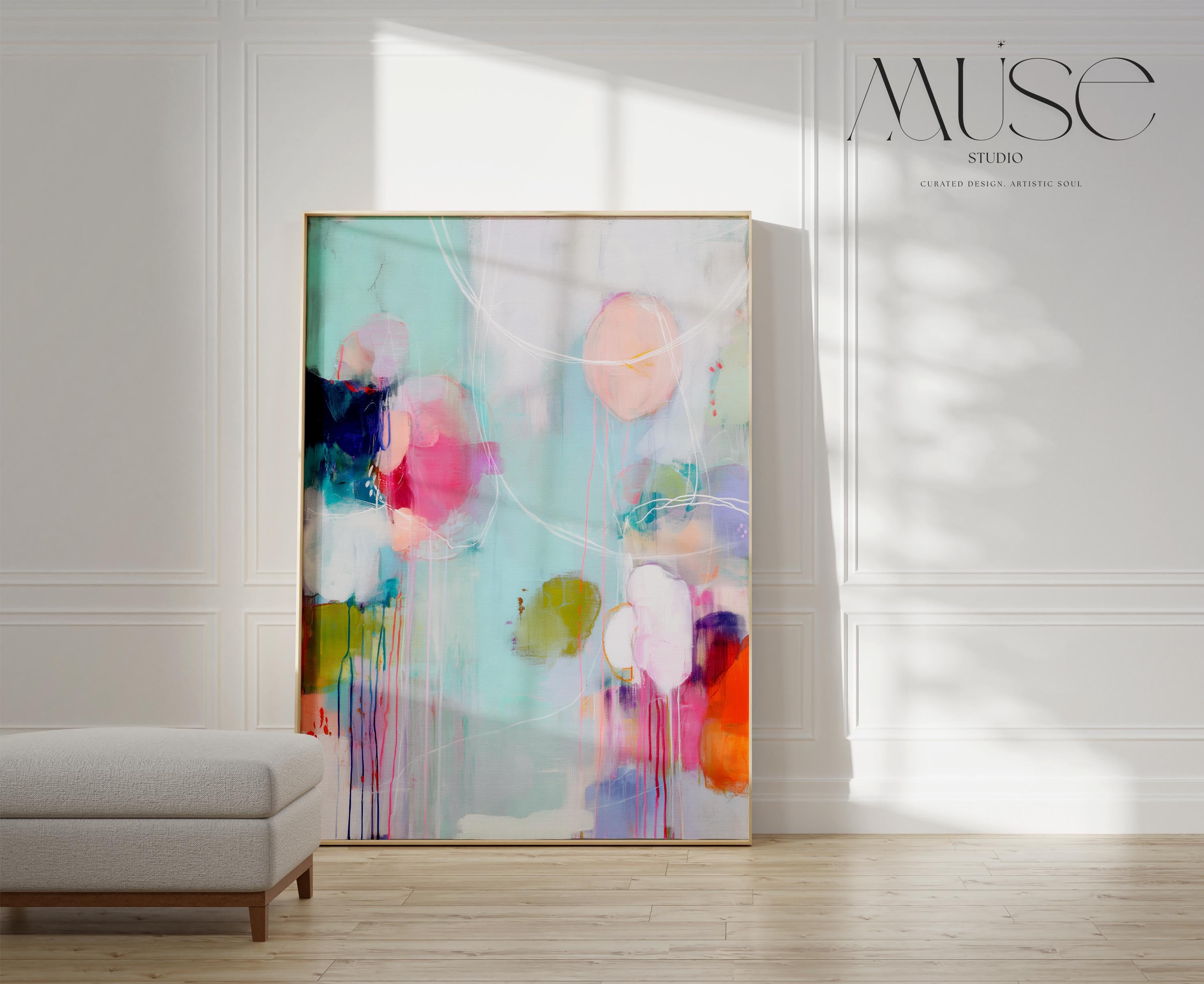 Vertical abstract giclée canvas in aqua, fuchsia, peach, and navy with circular and linear motion. Colorful and bold, perfect for eclectic living rooms, office decor, or vibrant entryways. Available as a fine art poster or canvas wall art for curated, color-forward decor.