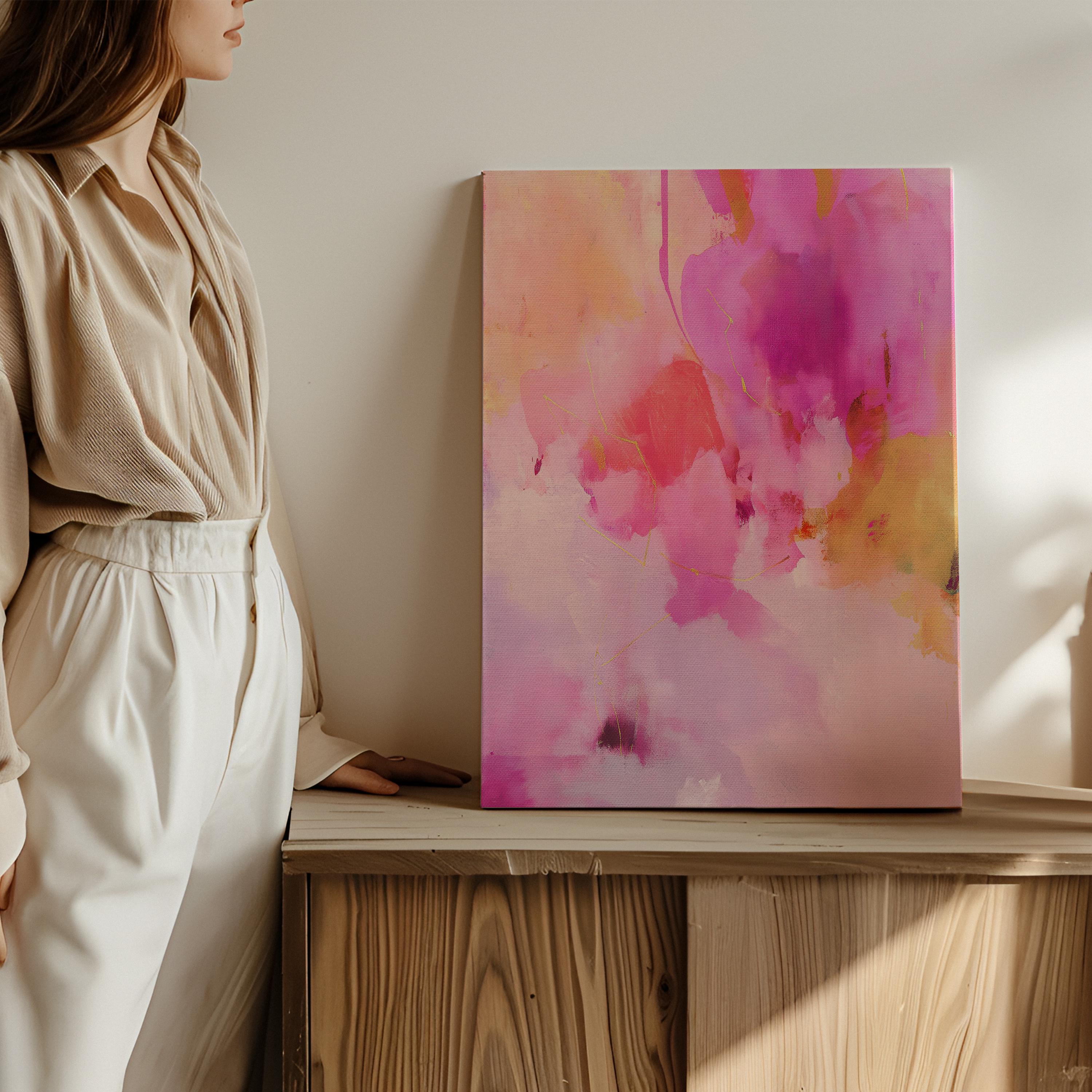 Large Pink Canvas Wall Art Vertical Abstract Painting in Blush and Gold Modern Soft Color Pop Decor for Bedroom or Above Bed Decor 476