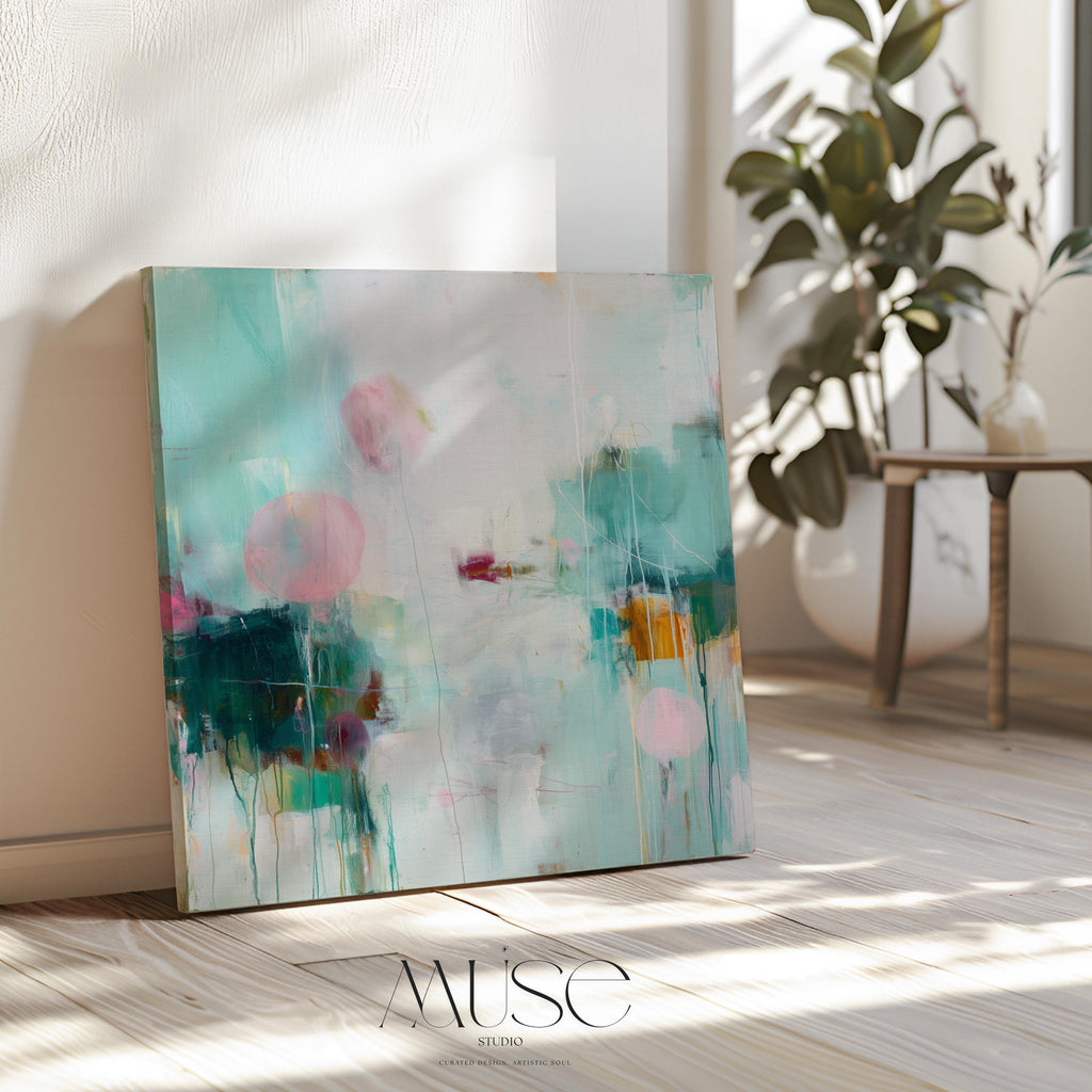 Square giclée fine art poster featuring soft aqua, blush pink, and sage tones with abstract shapes and light textures. A peaceful, pastel artwork perfect for nursery walls, spa-inspired bedrooms, or minimalist interiors. Available as a fine art poster or canvas wall art for curated, color-forward decor.