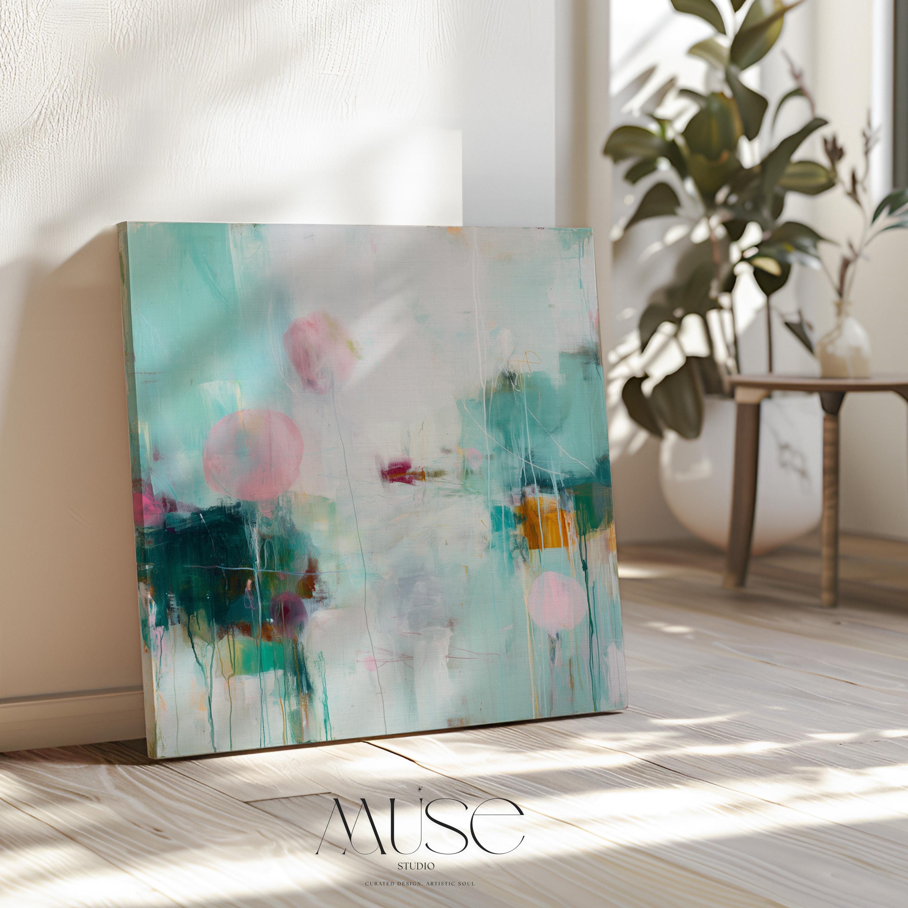 Square giclée fine art poster featuring soft aqua, blush pink, and sage tones with abstract shapes and light textures. A peaceful, pastel artwork perfect for nursery walls, spa-inspired bedrooms, or minimalist interiors. Available as a fine art poster or canvas wall art for curated, color-forward decor.
