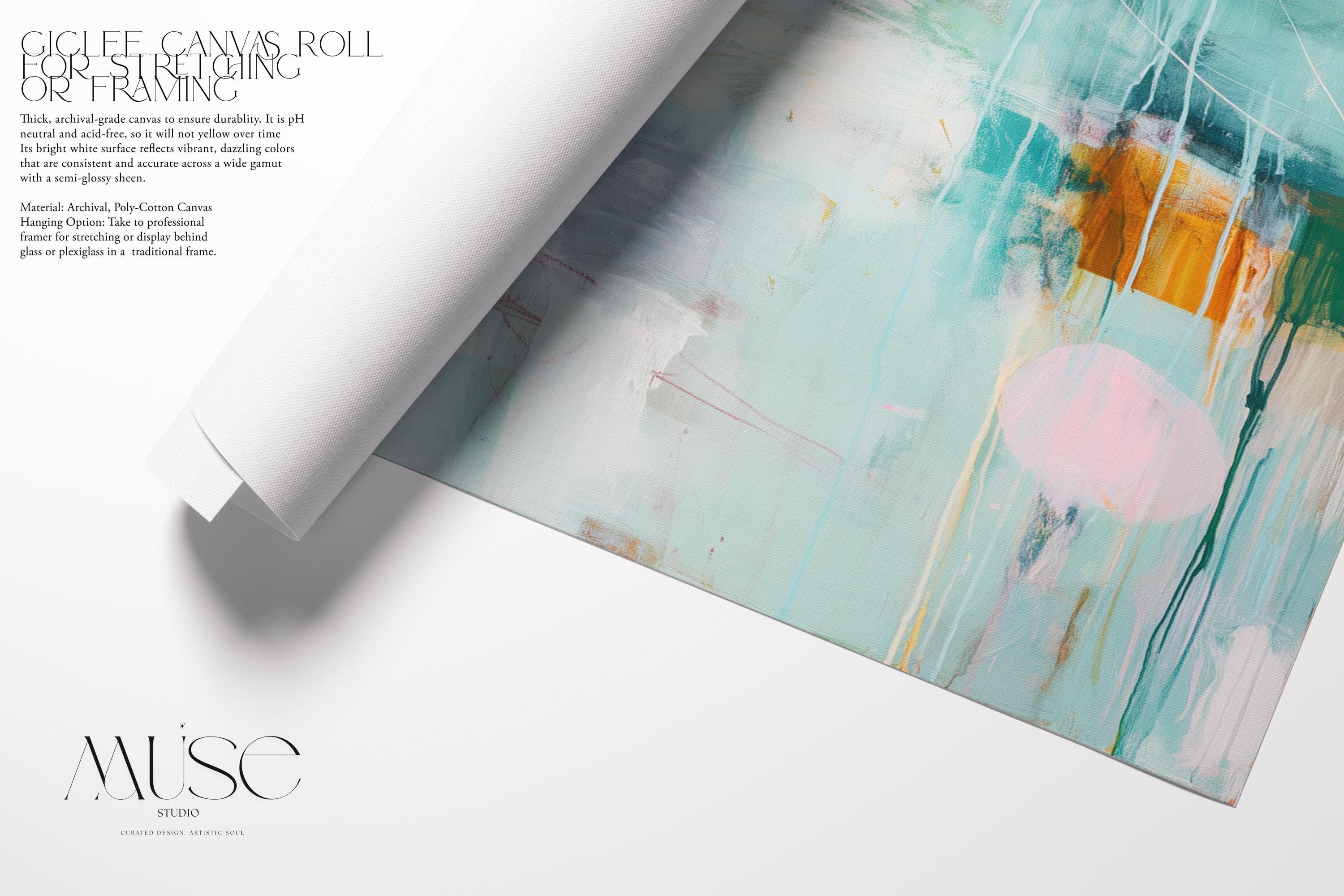 Square giclée fine art poster featuring soft aqua, blush pink, and sage tones with abstract shapes and light textures. A peaceful, pastel artwork perfect for nursery walls, spa-inspired bedrooms, or minimalist interiors. Available as a fine art poster or canvas wall art for curated, color-forward decor.