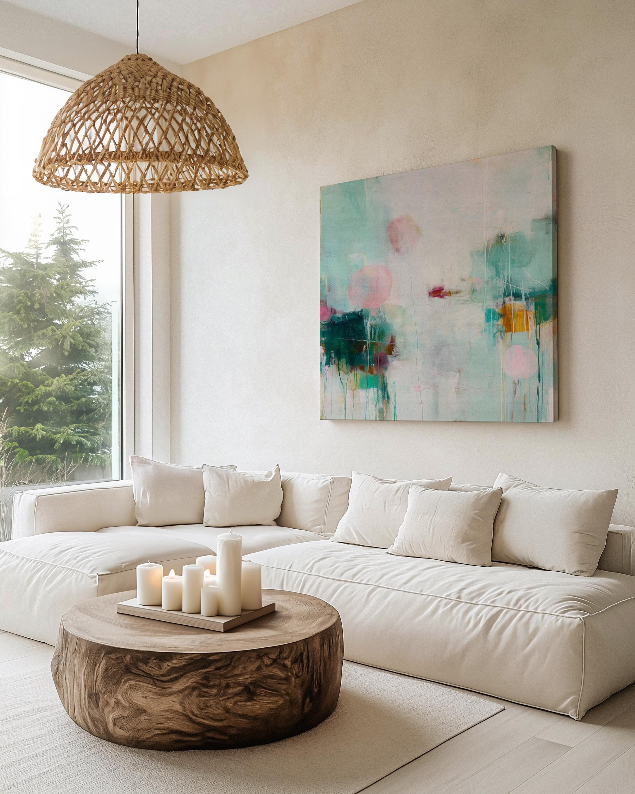 Square giclée fine art poster featuring soft aqua, blush pink, and sage tones with abstract shapes and light textures. A peaceful, pastel artwork perfect for nursery walls, spa-inspired bedrooms, or minimalist interiors. Available as a fine art poster or canvas wall art for curated, color-forward decor.