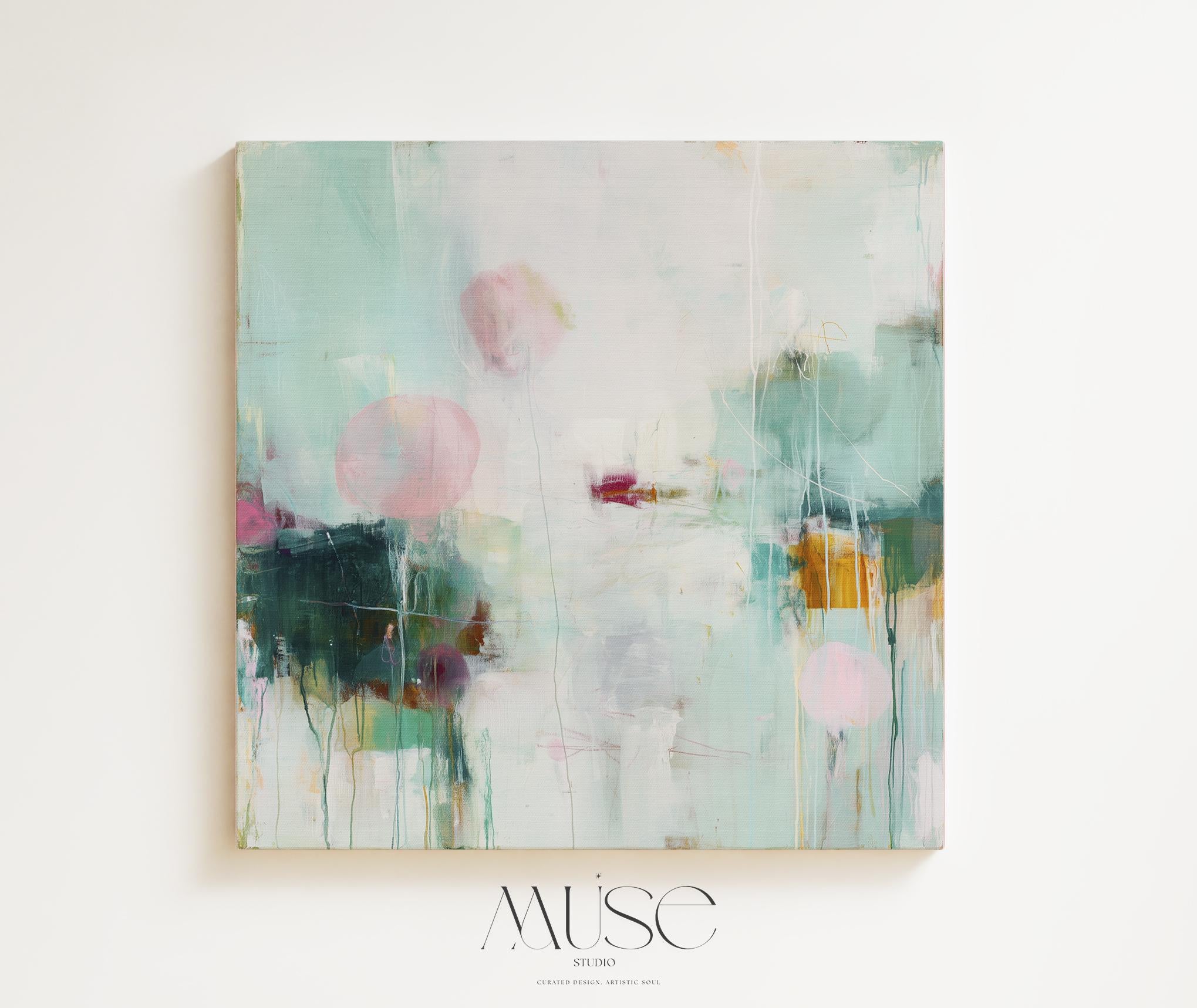 Square giclée fine art poster featuring soft aqua, blush pink, and sage tones with abstract shapes and light textures. A peaceful, pastel artwork perfect for nursery walls, spa-inspired bedrooms, or minimalist interiors. Available as a fine art poster or canvas wall art for curated, color-forward decor.