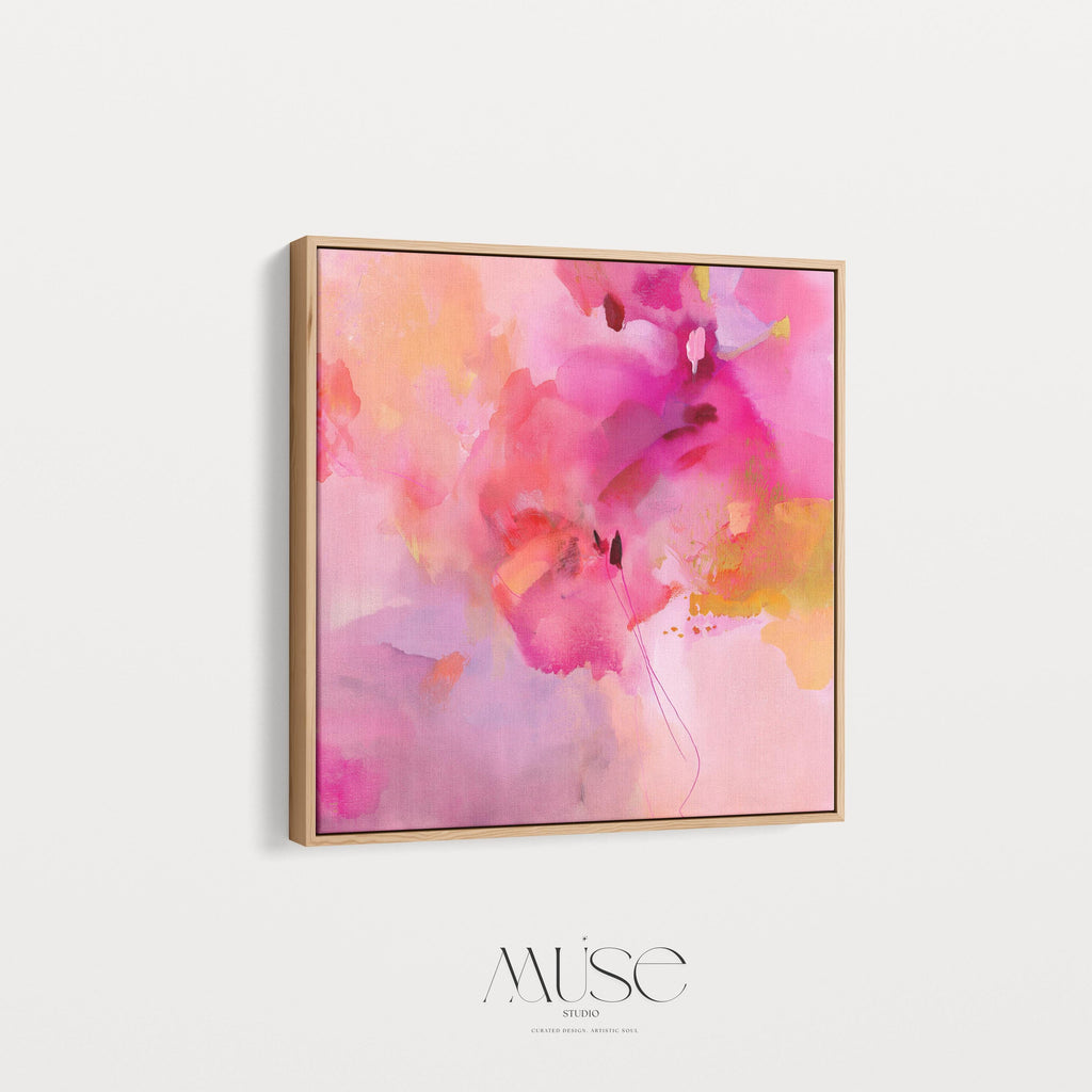 Bold Pink Abstract Canvas Wall Art in Fuchsia and Gold Square Modern Painting Warm Pastel Decor for Bedroom or Living Room Muse 475